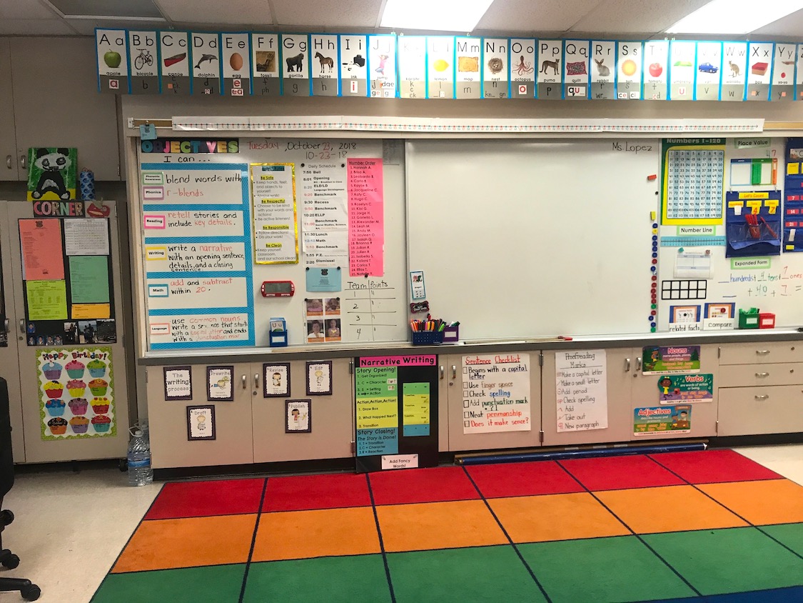 One of the teachers ThinkProgress spoke with, Rocio Lopez, said that she bought everything pictured here that isn't the alphabet poster and the rug. CREDIT: Casey Quinlan