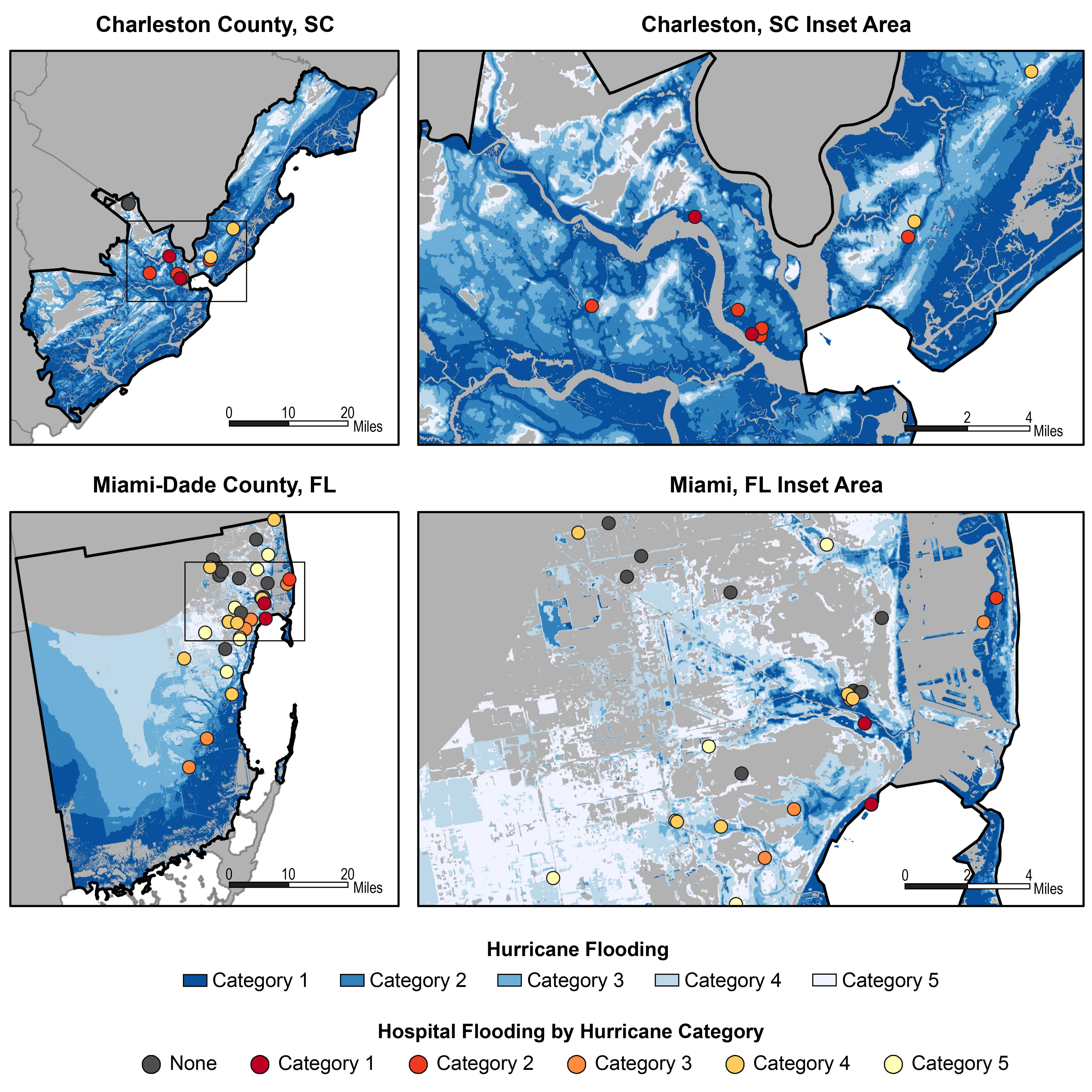 Hospitals at risk from storm surges during hurricanes. Data from National Hurricane Center 20181 and the Department of Homeland Security 2018.
