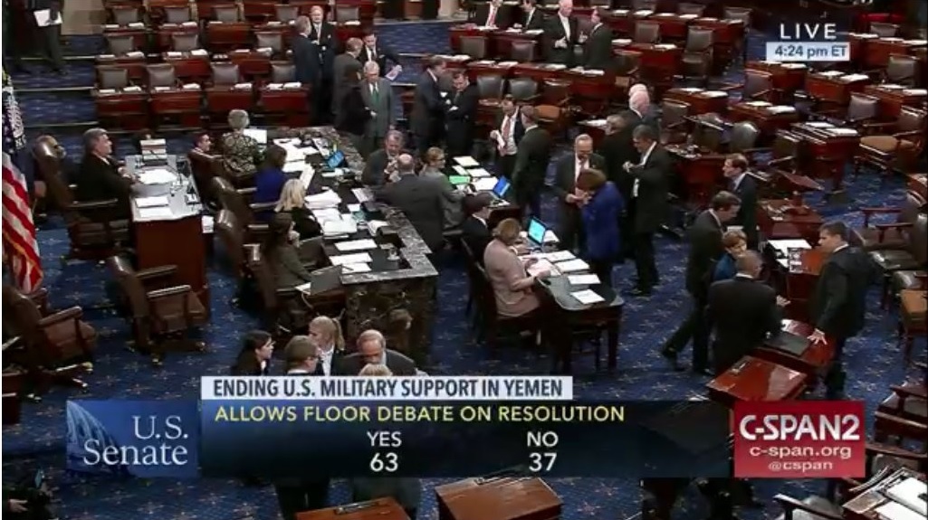 The Senate voted to move forward a resolution to end U.S. support for Saudi Arabia's intervention in Yemen, November 28, 2018. (PHOTO CREDIT: Screenshot/CSPAN)