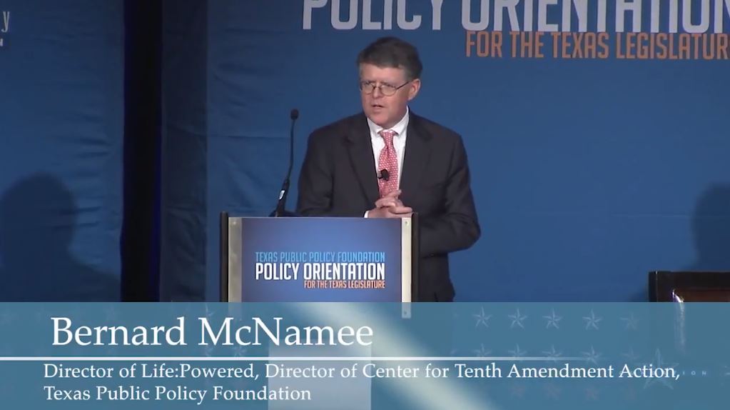 Bernard McNamee gives speech at a Texas Public Policy Foundation event in February 2018. CREDIT: screenshot