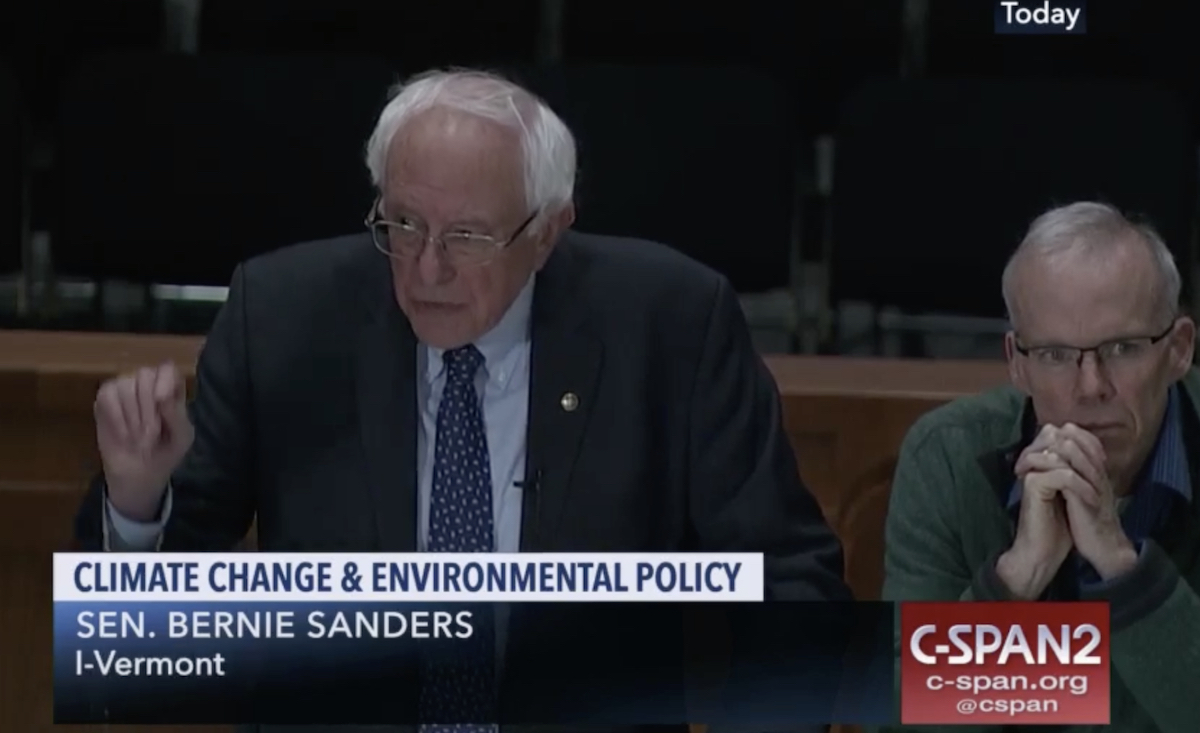 Sen. Bernie Sanders (I-VT) speaking at his town hall on climate change Monday night in the Capitol. Credit: CSPAN screenshot.