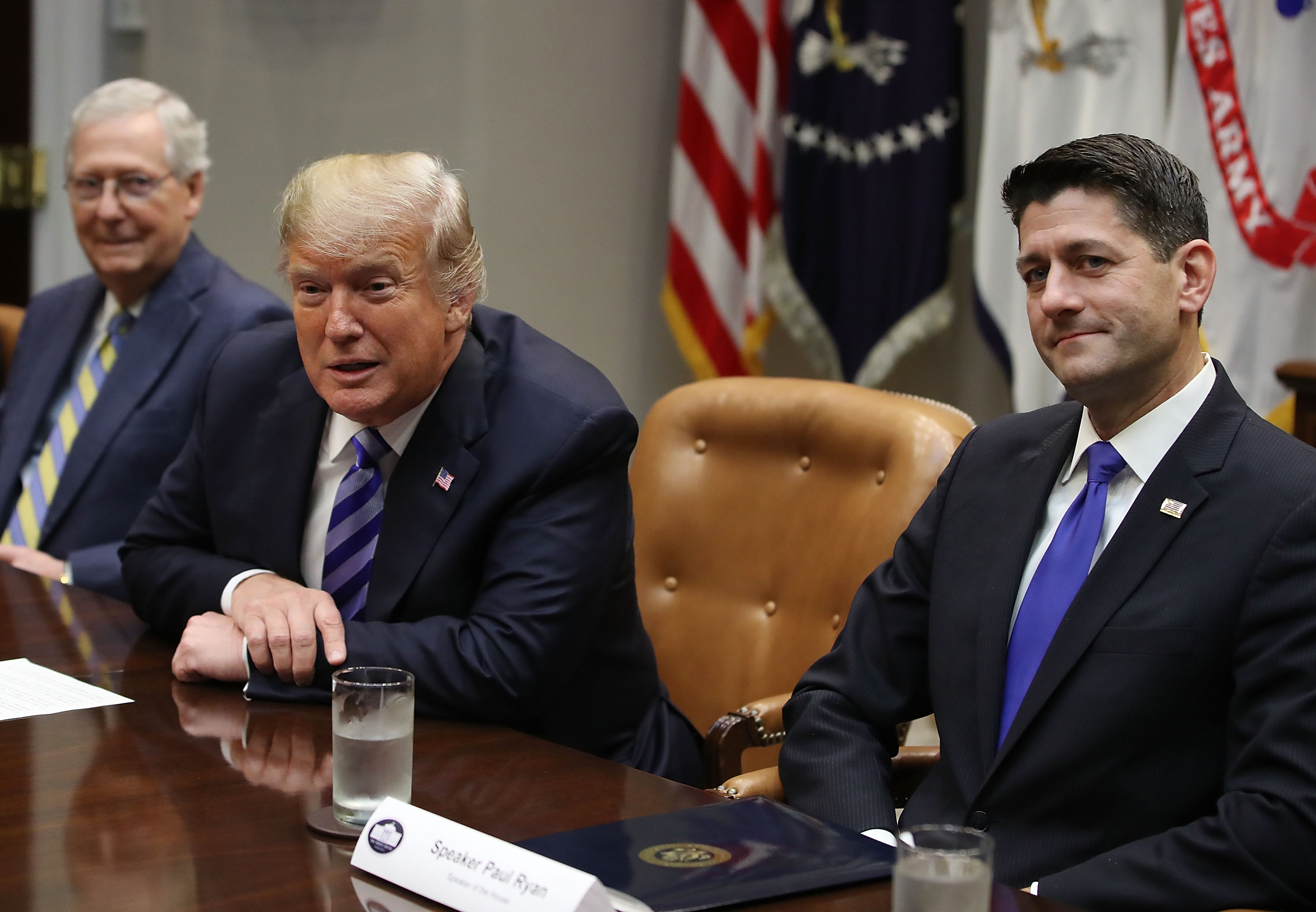 U.S President Donald Trump is flanked by Senate Majority Leader Mitch McConnell (R-KY), (L), and House Majority Leader Paul Ryan (R-WI), while speaking during a meeting with Congressional leaders in the Roosevelt Room on September 5, 2018 in Washington, DC. (Photo by Mark Wilson/Getty Images)