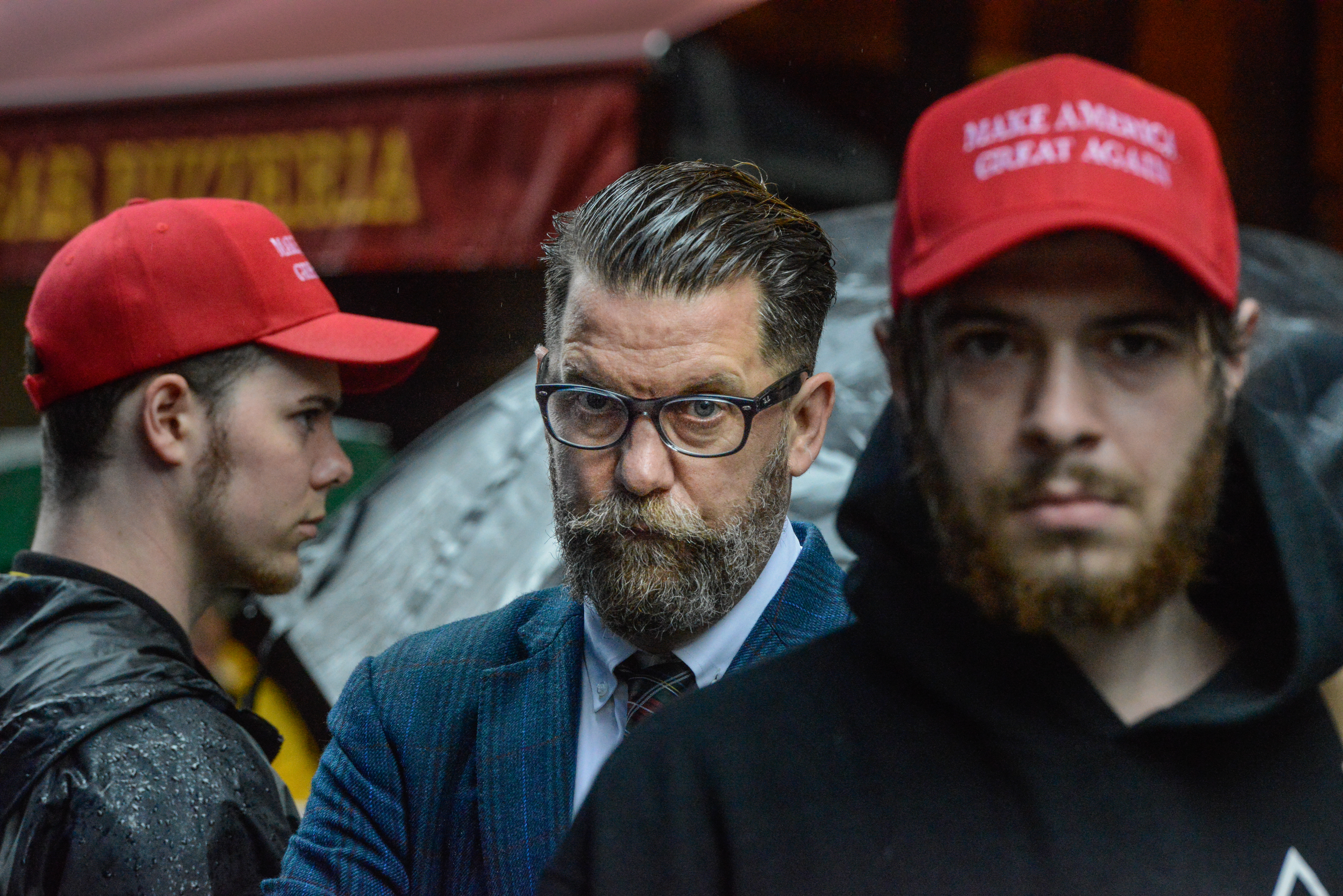 Proud Boys founder Gavin McInnes has landed a gig at Glenn Beck's new media company, Blaze Media, which merged Beck's The Blaze and CRTV this month. (Photo credit: Stephanie Keith/Getty Images)