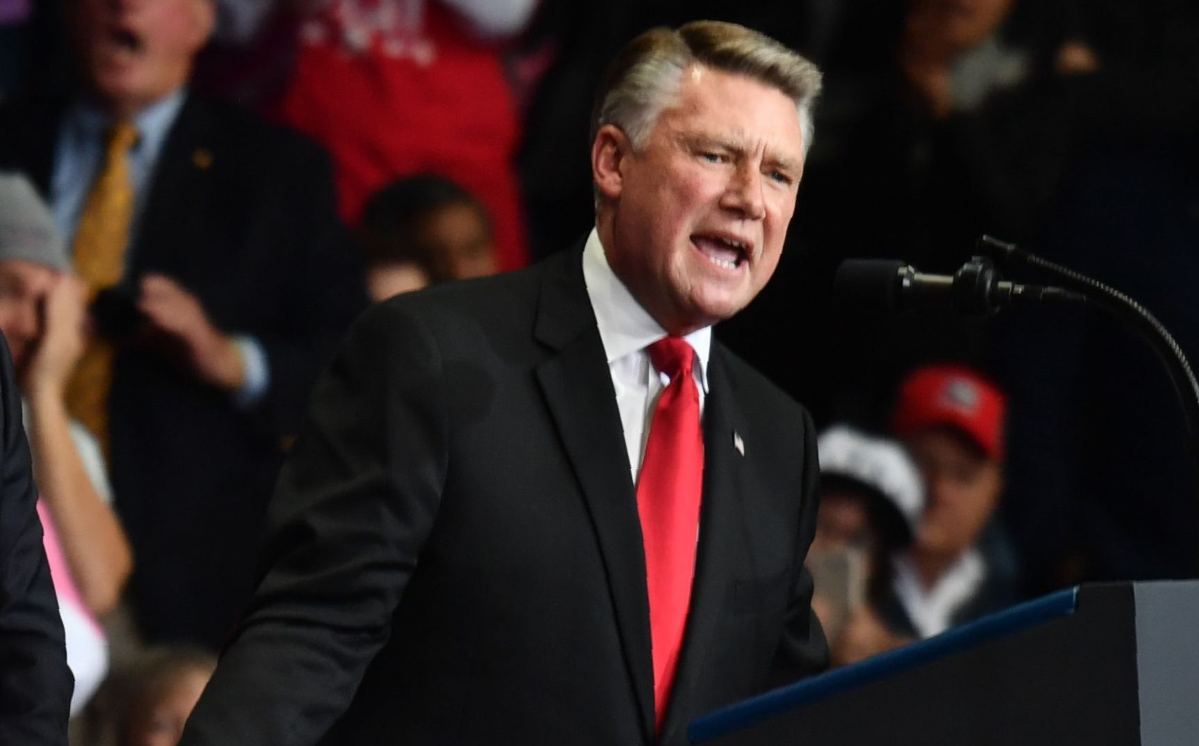 Republican Congressional candidate for North Carolina's 9th district Mark Harris speaks during a "Make America Great Again" rally at Bojangles' Coliseum on October 26, 2018 in Charlotte, North Carolina. Credit: NICHOLAS KAMM/AFP/Getty Images