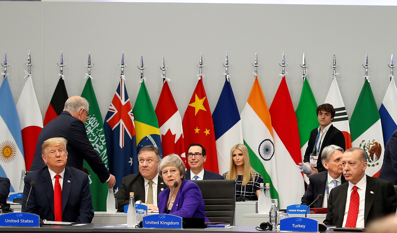 President of Turkey, Recep Tayyip Erdogan (Front R), President Donald Trump and British Prime Minister Theresa May (Front C) attend a special session entitled 'Fair And Sustainable Future' as part of G20 Leaders Summit in Buenos Aires, Argentina on November 30, 2018. CREDIT: Murat Kaynak/Anadolu Agency/Getty Images.