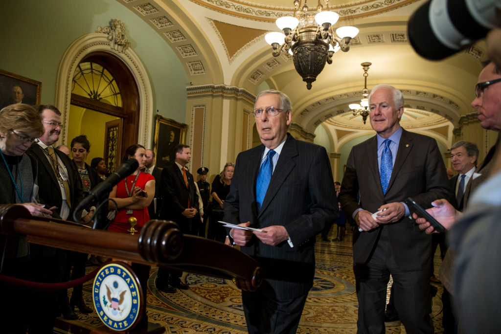 Senate Majority Leader Mitch McConnell (R-KY) following a weekly policy lunch at the Capitol. (CREDIT: Zach Gibson/Getty Images)