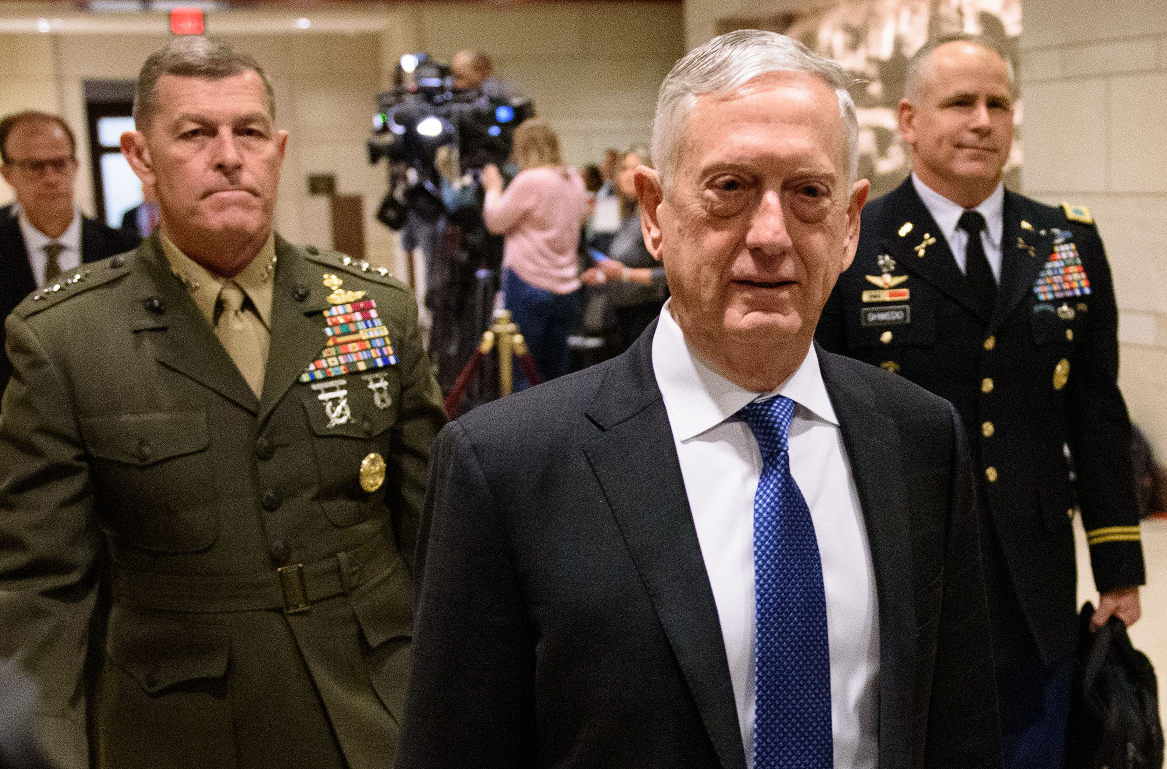 US Defense Secretary Jim Mattis, here seen arriving to deliver a briefing to Congress on December 13, 2018, is resigning from his post at the end of February. (Photo by MANDEL NGAN / AFP / Getty Images)