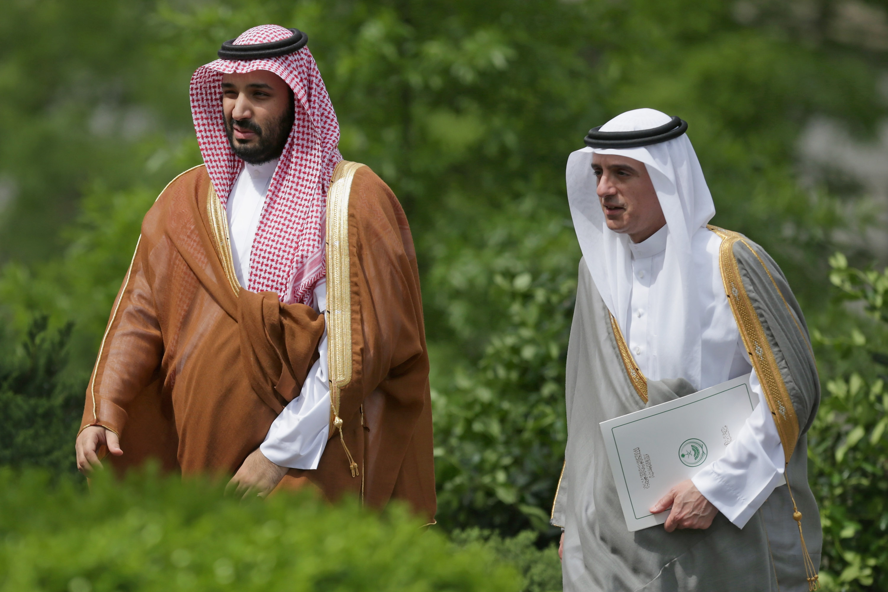 Crown Prince Mohammed bin Salman of Saudi Arabia and Saudi Minister of Foreign Affairs Adel Al-Jubeir arrive at the White House May 13, 2015 in Washington, DC. CREDIT: Chip Somodevilla/Getty Images.