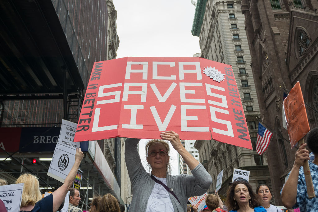 A 2017 protest in New York City against repeal of the Affordable Care Act.