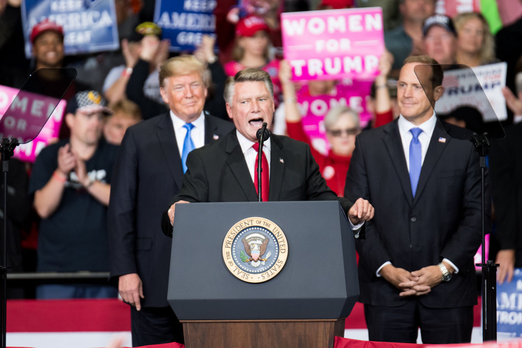 Mark Harris at a campaign event with Donald Trump and Ted Budd in Charlotte, North Carolina on October 26, 2018. (Sean Rayford/Getty Images)