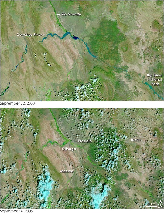 RIO GRANDE FLOODING SEPTEMBER 22, 2008 (UPPER IMAGE), COMPARED TO NORMAL CONDITIONS (LOWER IMAGE). FLOODING CAN BE SEEN FROM PRESDIO, TEXAS TO BIG BEND NATIONAL PARK (LOWER RIGHT). CREDIT: NASA.