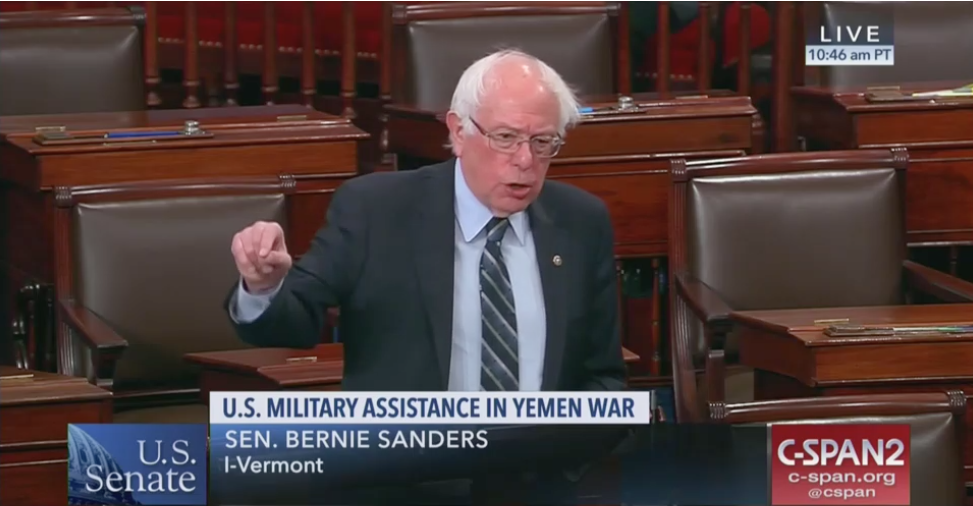 Sen. Bernie Sanders (I-Vt) speaking before the Senate vote on U.S. military support for Saudi Arabia on Thursday, Dec. 13, 2018. CREDIT: Screengrab C-SPan2