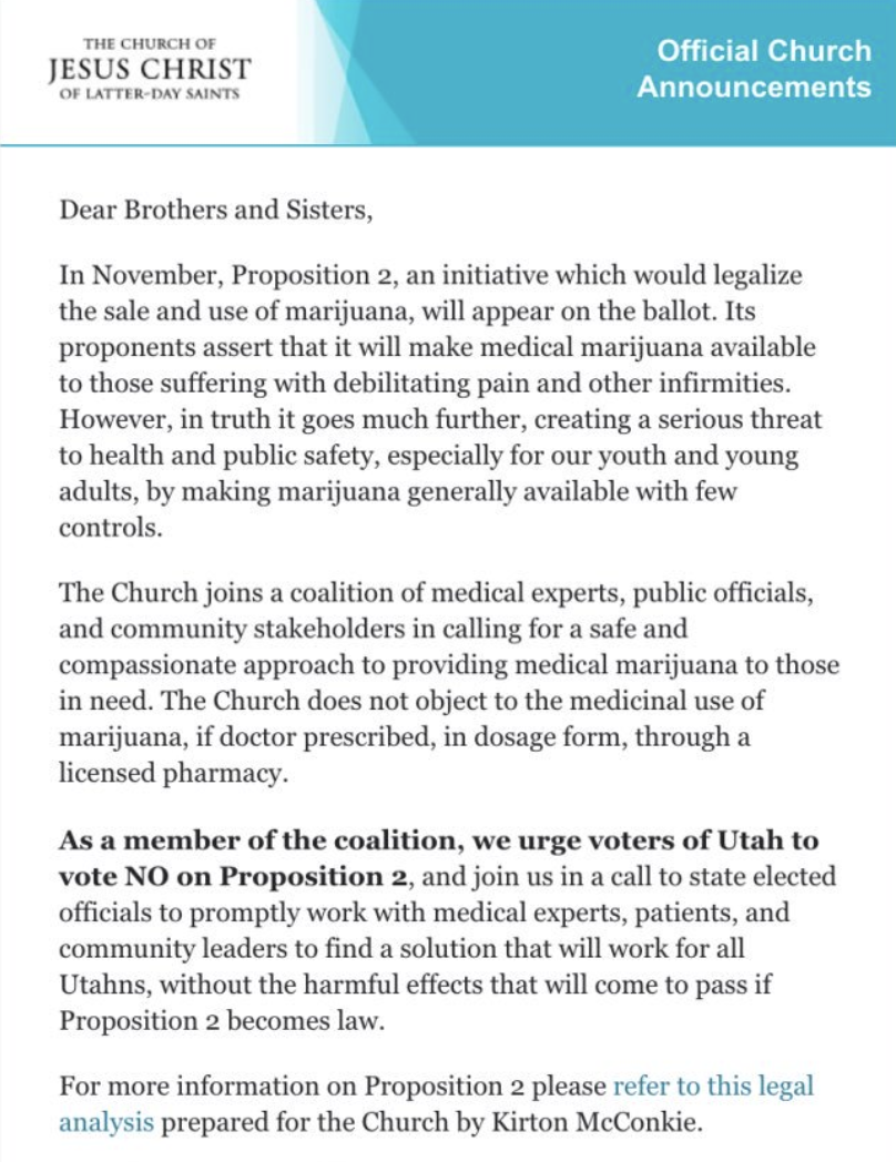 Screenshot of the email sent to LDS church members regarding Prop 2 earlier this year.