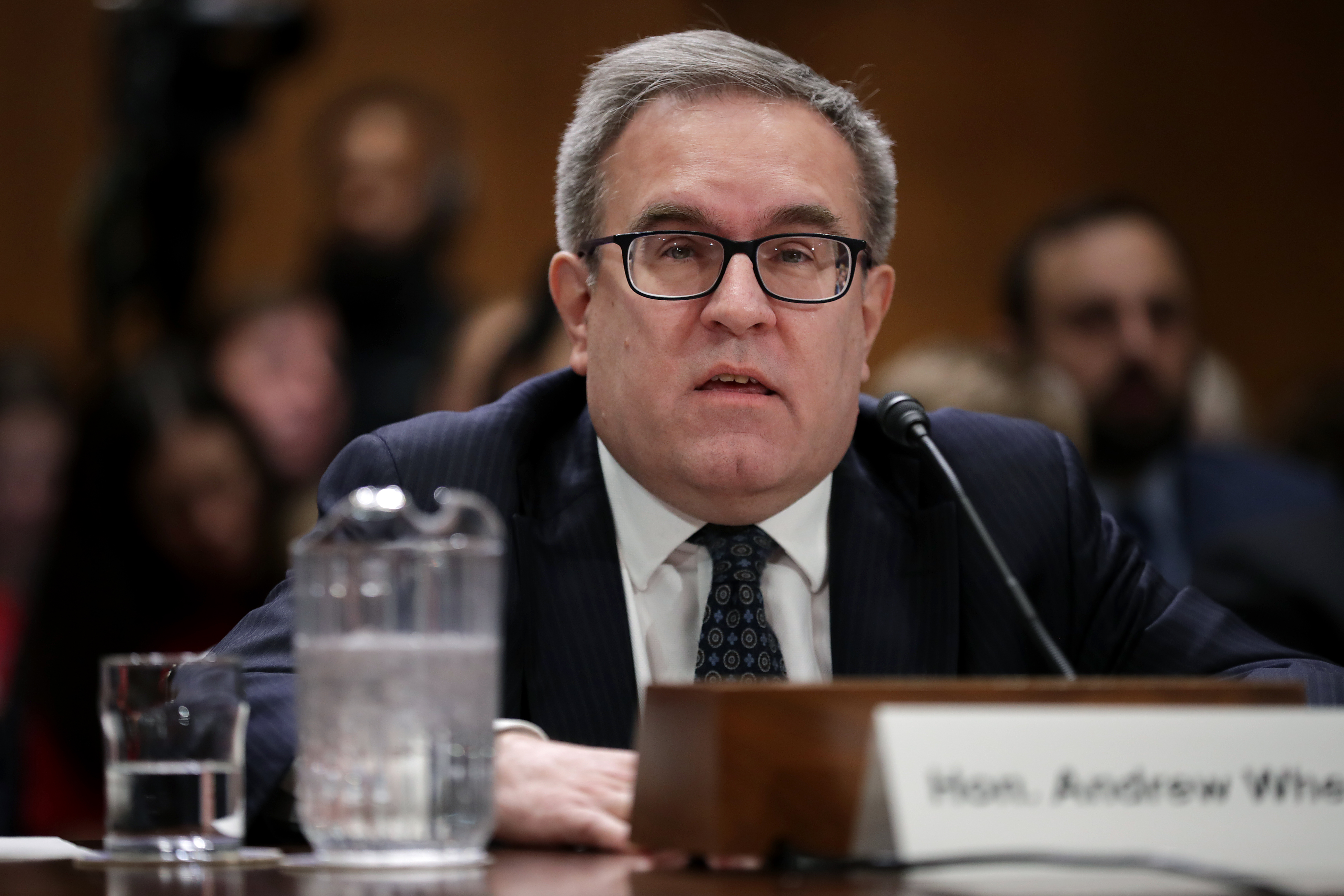 Andrew Wheeler answers senators' questions during his confirmation hearing to be the next administrator of the EPA onl January 16, 2019. CREDIT: Chip Somodevilla/Getty Images
