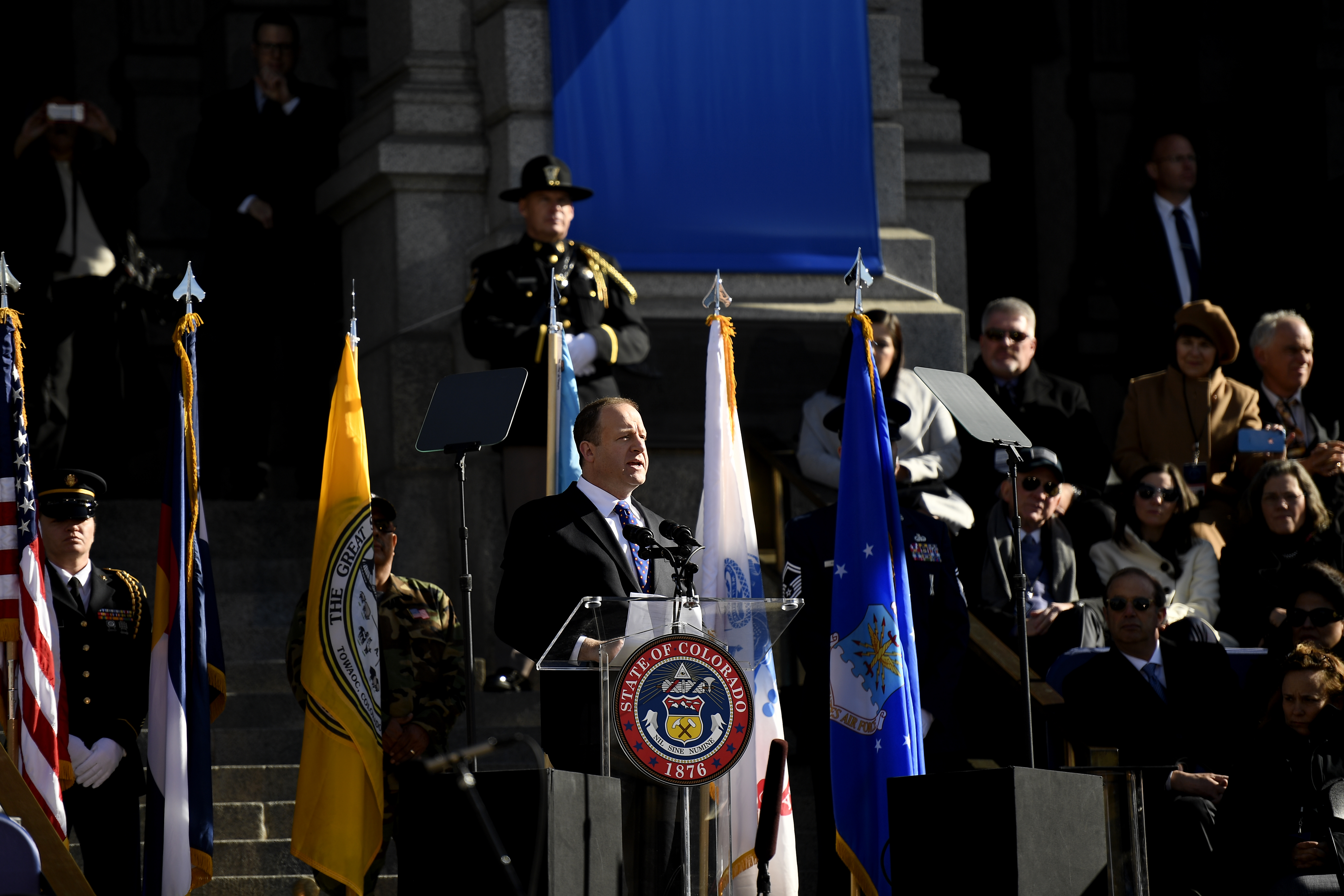 Colorado Gov. Jared Polis gives his Inauguration speech at the Colorado Capitol January 8, 2019, in Denver, Colorado. CREDIT: Joe Amon/The Denver Post via Getty Images