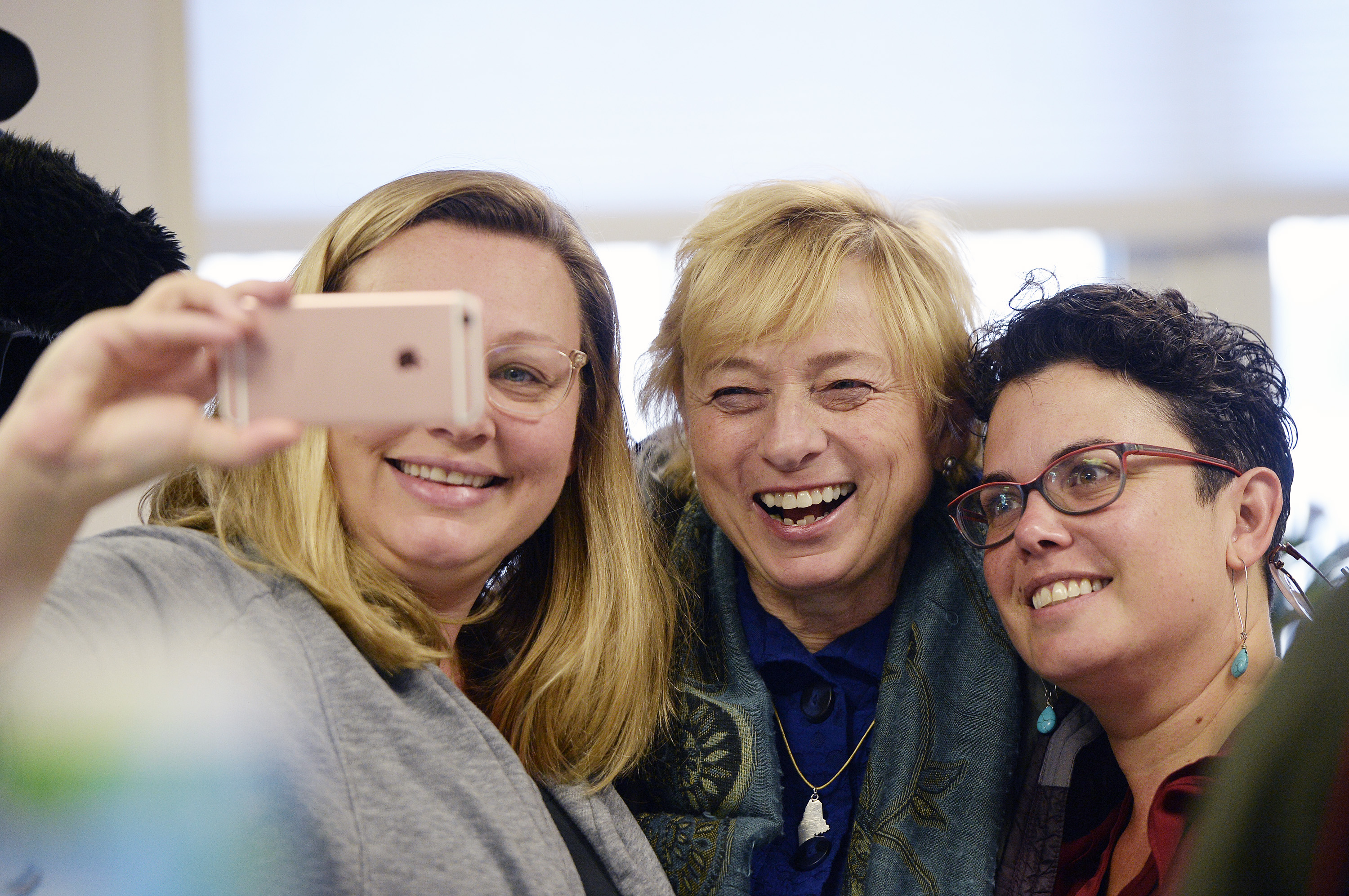 PORTLAND, ME - NOVEMBER 7: Governor Elect Janet Mills, center, poses for a selfie with Leah Bruns of South Portland, left, and Doris Santoro of Portland at Becky's Diner in Portland the morning after her historic election Wednesday, November 7, 2018. (Staff photo by Shawn Patrick Ouellette/Portland Press Herald via Getty Images)
