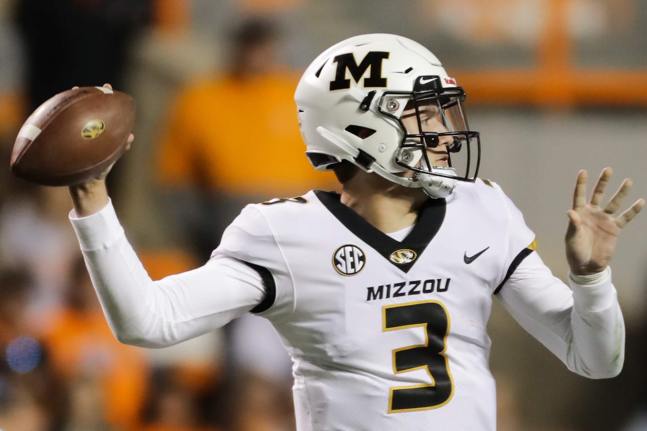 KNOXVILLE, TN - NOVEMBER 17: Drew Lock #3 of the Missouri Tigers throws the ball during the second half of the game between the Missouri Tigers and the Tennessee Volunteers at Neyland Stadium on November 17, 2018 in Knoxville, Tennessee. Missouri won the game 50-17. (Photo by Donald Page/Getty Images)