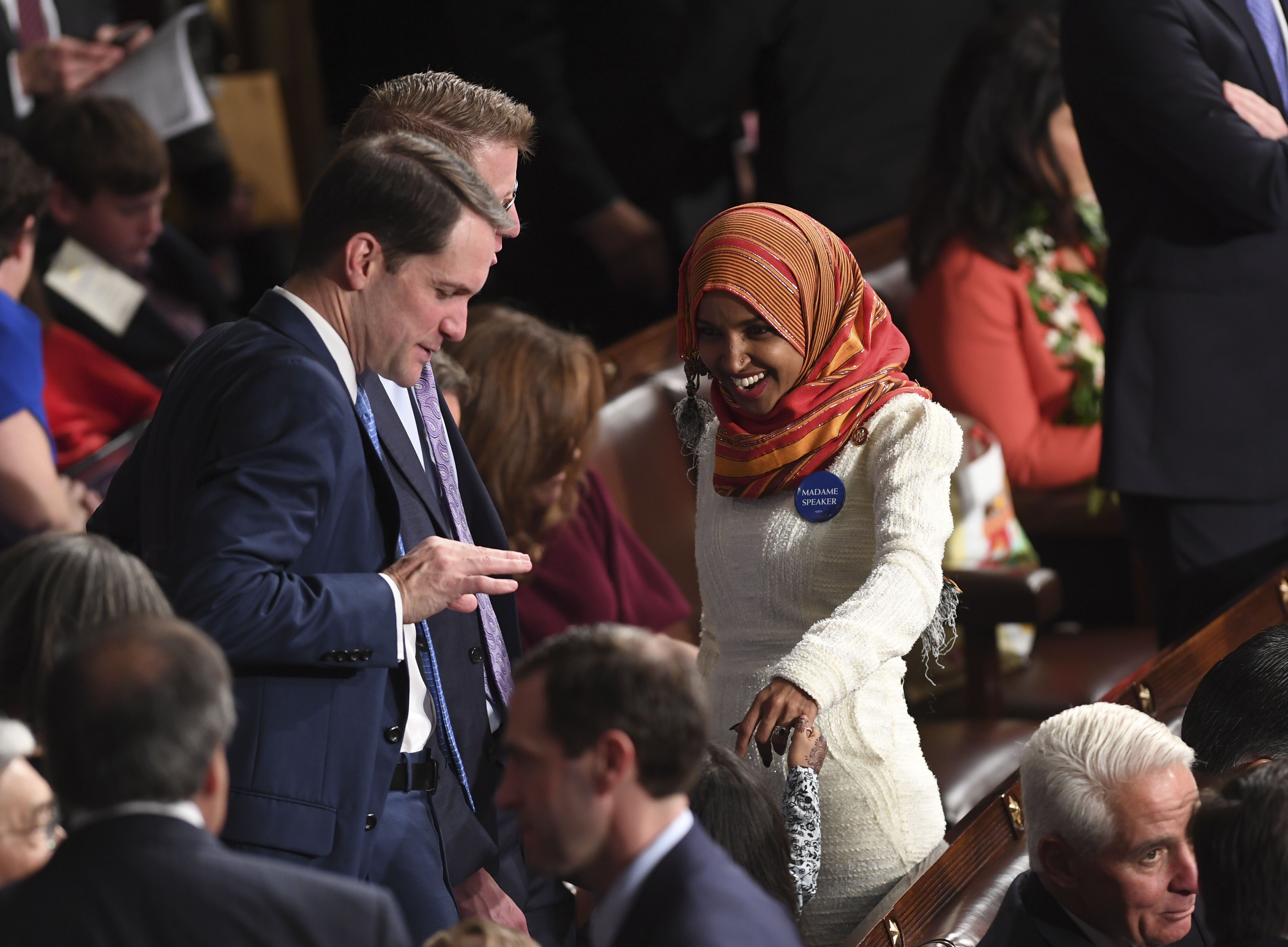 Newly elected congresswoman Ilhan Omar (D-MN) arrives during the 116th Congress and swearing-in ceremony on the floor of the US House of Representatives at the US Capitol on January 3, 2019 in Washington,DC. (SAUL LOEB/AFP/Getty Images)