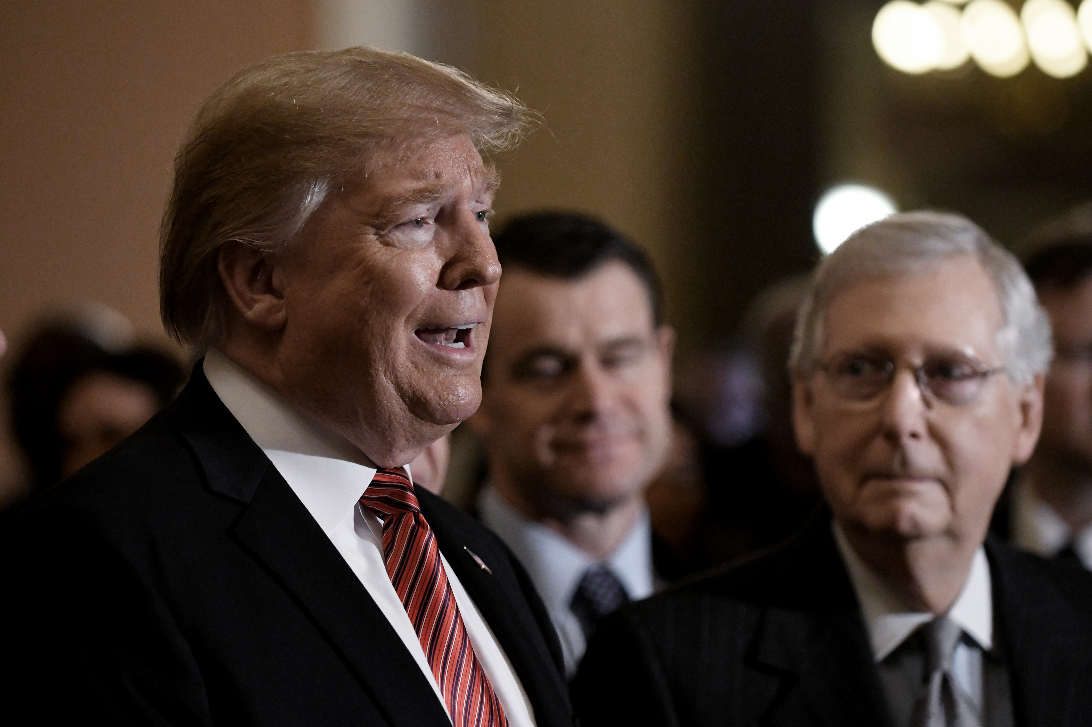 WASHINGTON, DC - JANUARY 09: US President Donald Trump (L) talks to the press as Senate Majority Leader Mitch McConnell (R-KY) looks on after the Republican luncheon at the U.S. Capitol Building on January 9, 2019 in Washington, DC. (Photo by Olivier Douliery-Pool/Getty Images)