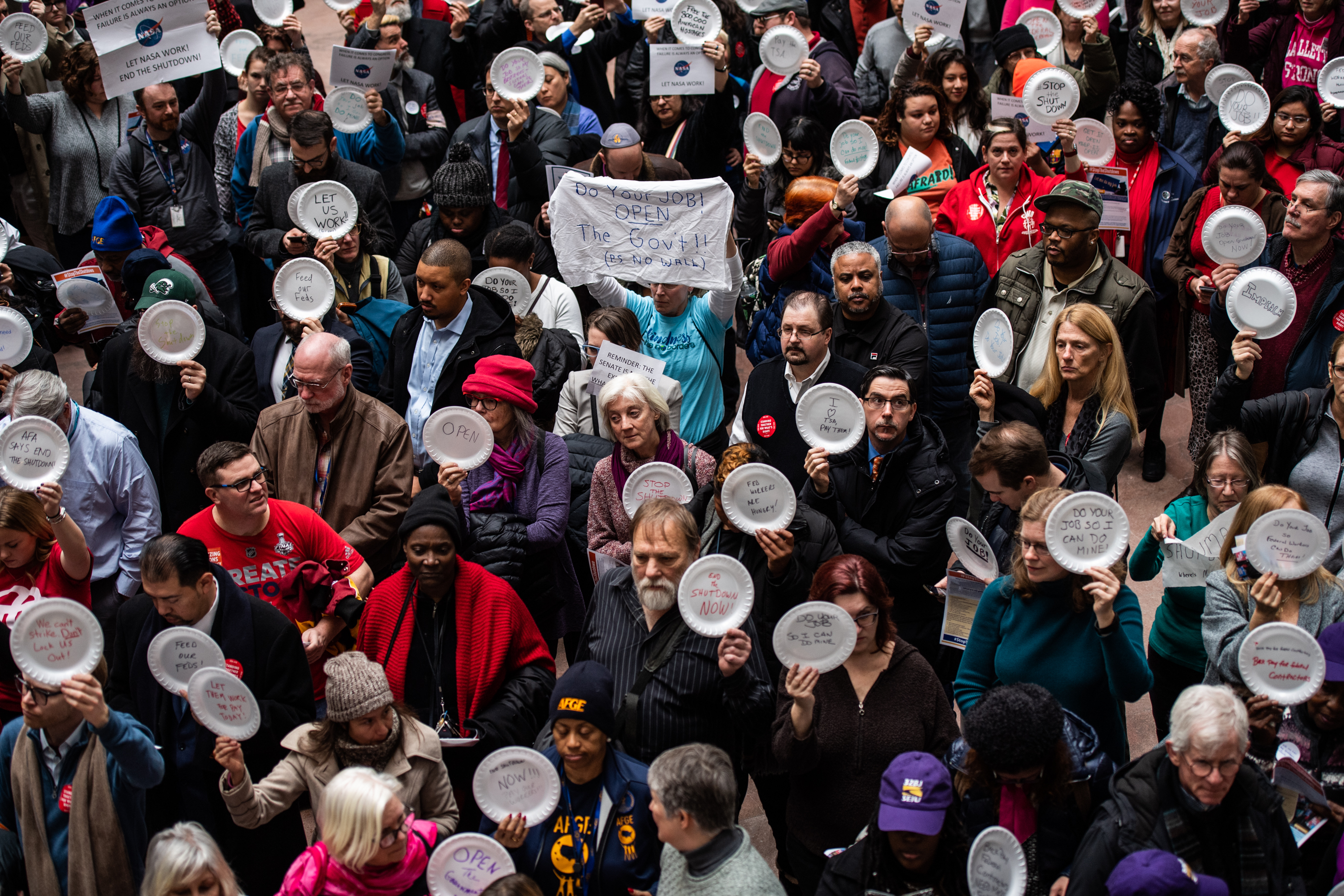 WASHINGTON, DC - JANUARY 23: Union members, including National Federation of Federal Employees and SEIU, and furloughed federal workers rallies to end the government shutdown at the The Philip A. Hart Senate Office Building on Capitol Hill on Wednesday, January 23, 2019, in Washington, D.C. (Photo by Salwan Georges/The Washington Post via Getty Images)
