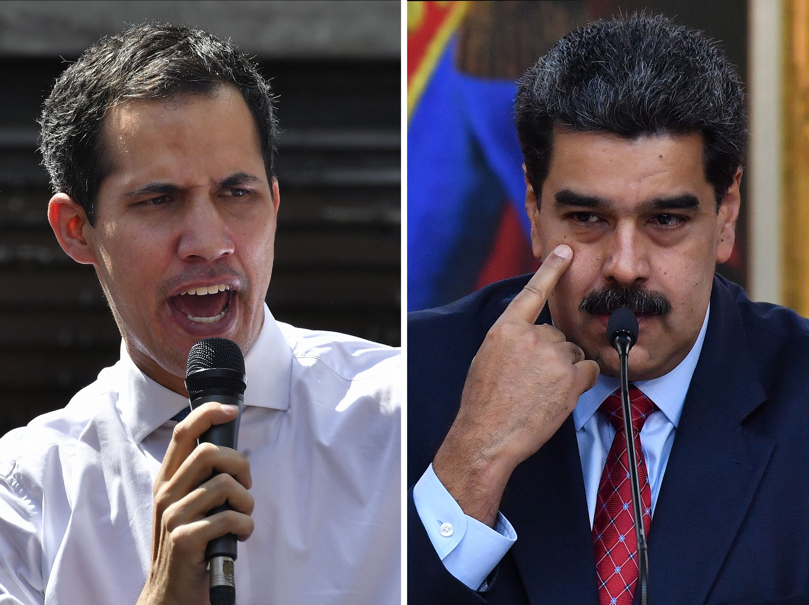 This combination of pictures created on January 25, 2019 shows Venezuela's National Assembly head Juan Guaido (L) speaking to opposition supporters at the Central University of Caracas (UCV) in Caracas, on January 21, 2019 and Venezuelan President Nicolas Maduro offering a press conference in Caracas, on January 25, 2019. CREDIT: Yuri Cortez/AFP/Getty Images.