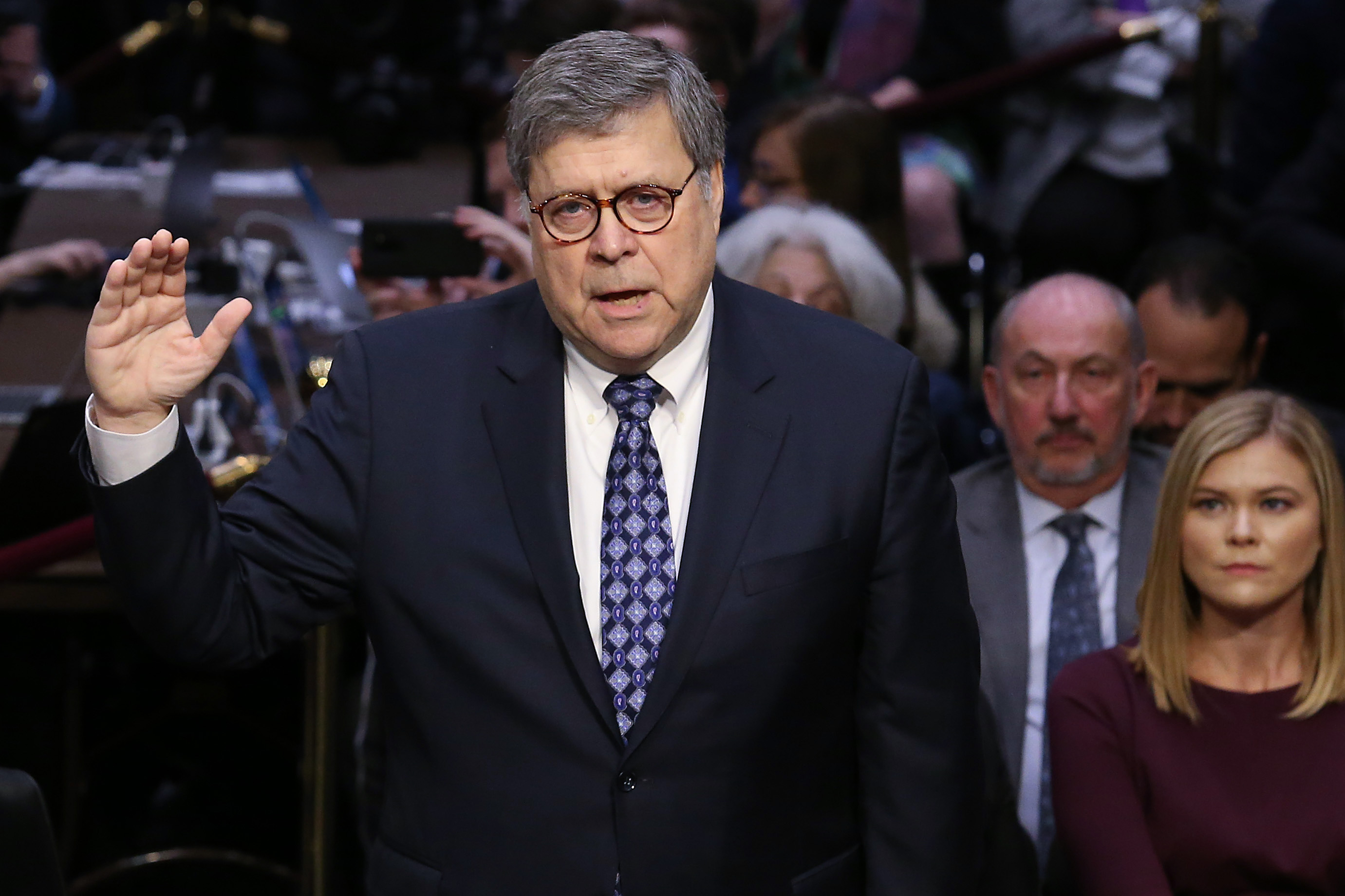 Attorney General nominee William Barr is sworn in before his confirmation hearing with the Senate Judiciary Committee on Tuesday in Washington, DC. Barr was confronted about his views on the investigation being conducted by Special Counsel Robert Mueller III. (photo CREDIT: Alex Wong/Getty Images)