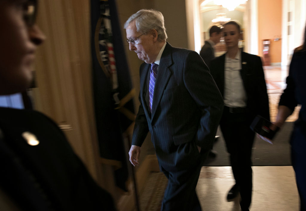 The majority-GOP Senate is poised to vote on two competing bills Thursday, both aimed at re-opening the federal government as the shutdown rolls into its 34th day. Pictured: Senate Majority Leader Mitch McConnell (R-KY). (Photo credit: Win McNamee/Getty Images)