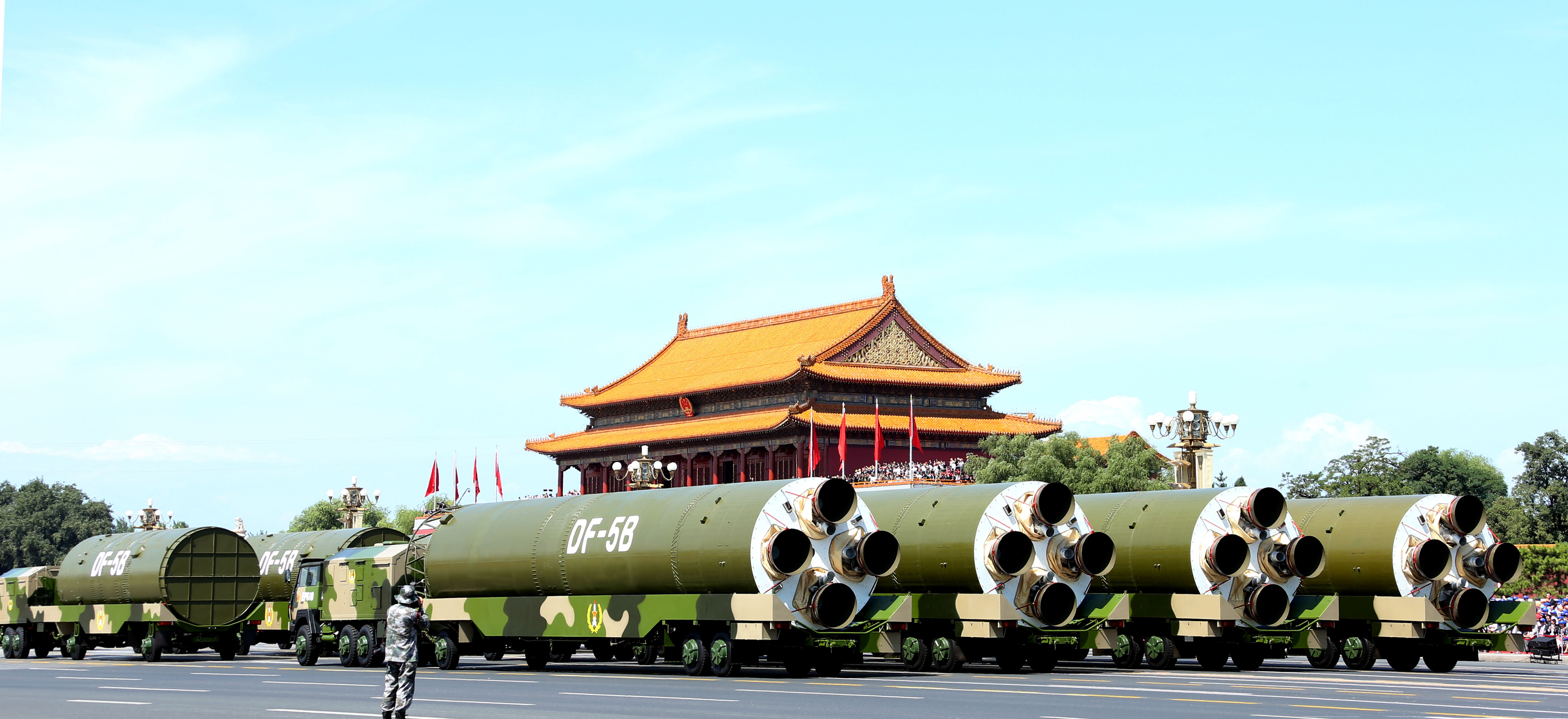 Military tanks and Nuclear missiles drive past the Tiananmen Gate during a military parade to mark the 70th anniversary of the end of World War Two on September 3, 2015 in Beijing, China. (CREDIT: Wang Qingqin/Getty Images)