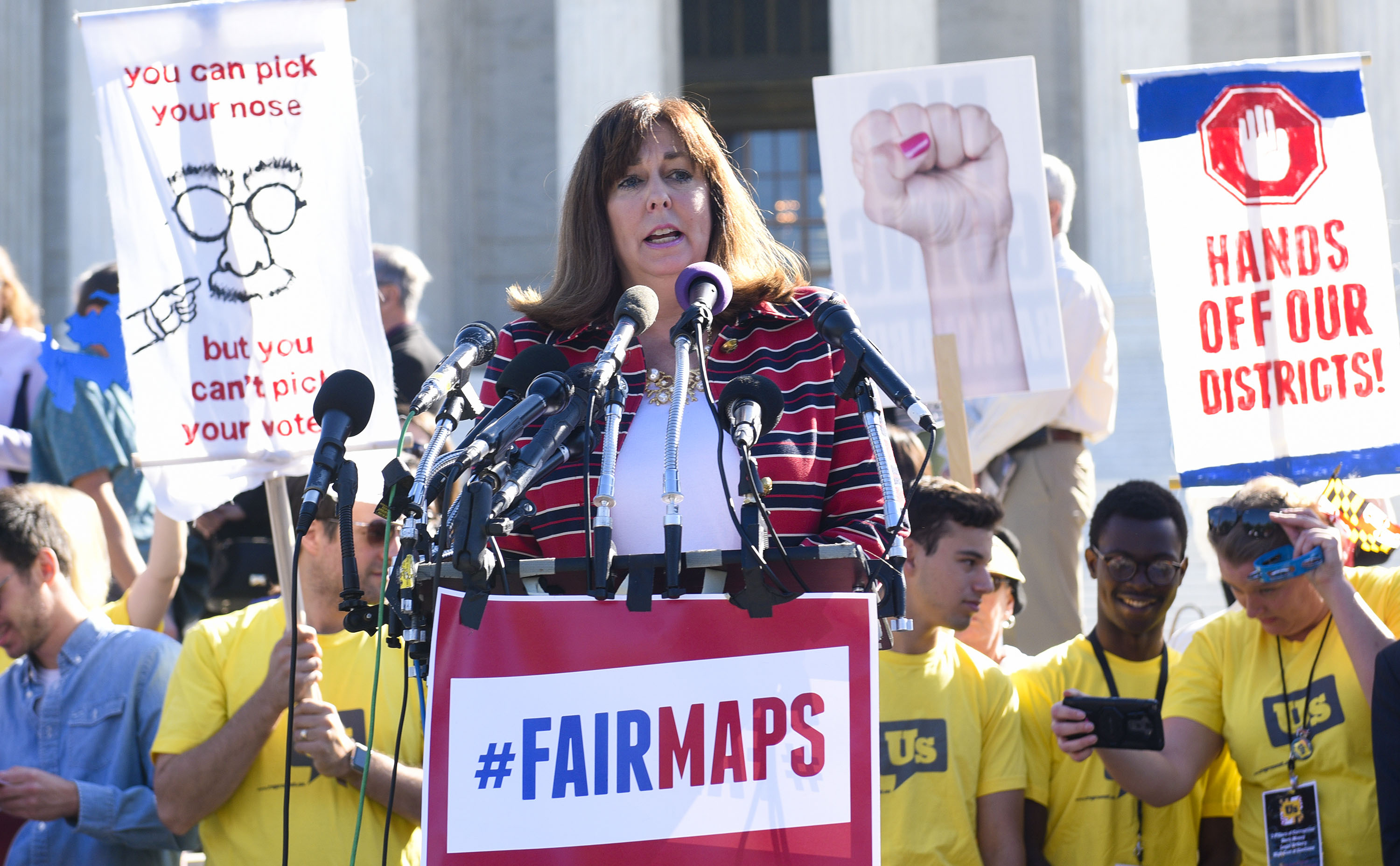 WASHINGTON, DC - OCTOBER 03: Karen Hobert Flynn, president of Common Cause, speaks during a rally to call for "An End to Partisan Gerrymandering" at the Supreme Court of the United States on October 3, 2017 in Washington, DC. (Photo by Leigh Vogel/Getty Images)