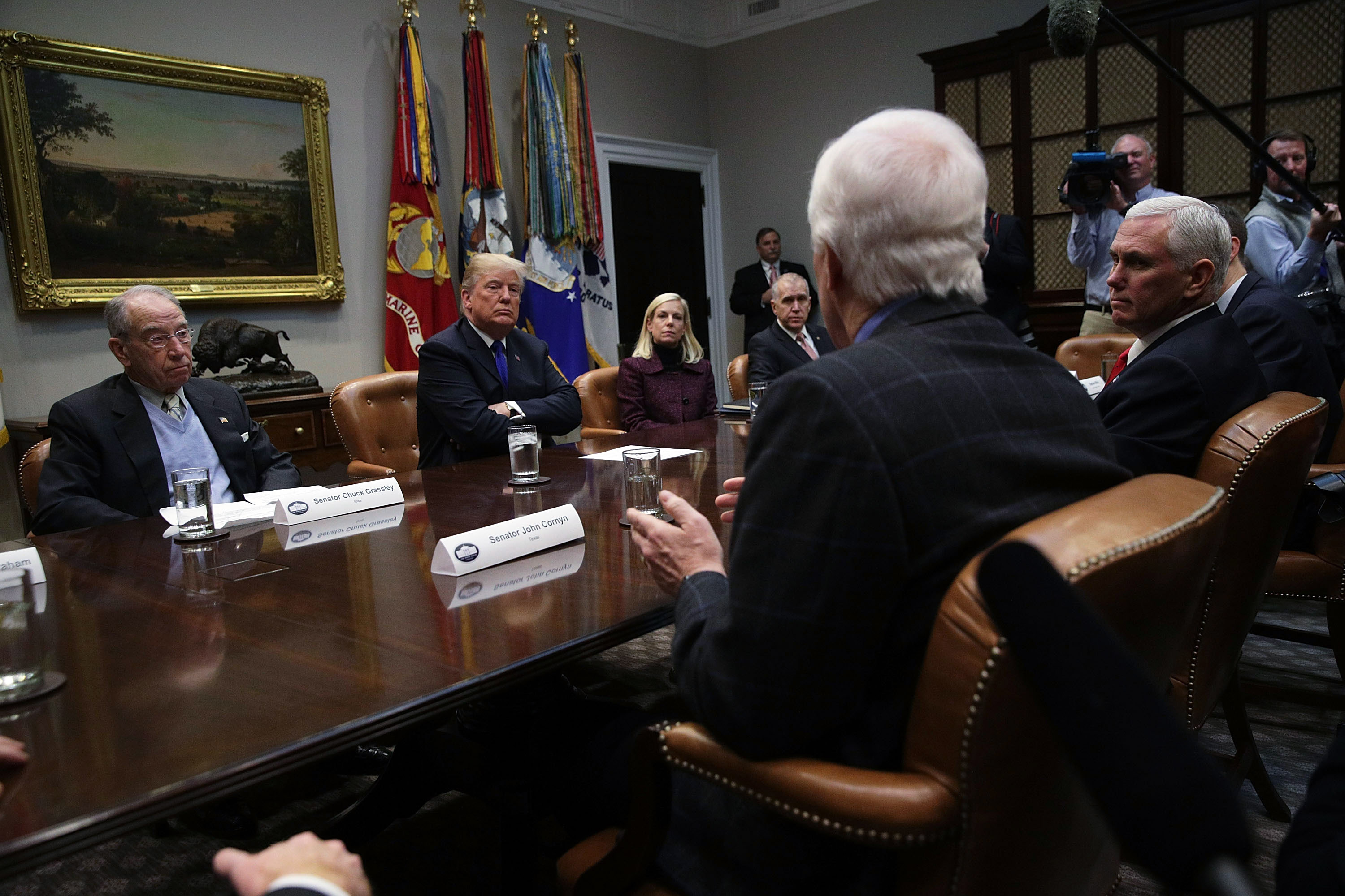 Cornyn, Grassley, Tillis, Trump, Pence, and Homeland Security Secretary Kirstjen Nielsen meet in the Roosevelt Room of the White House January 4, 2018 in Washington, DC. (CREDIT: Alex Wong/Getty Images)