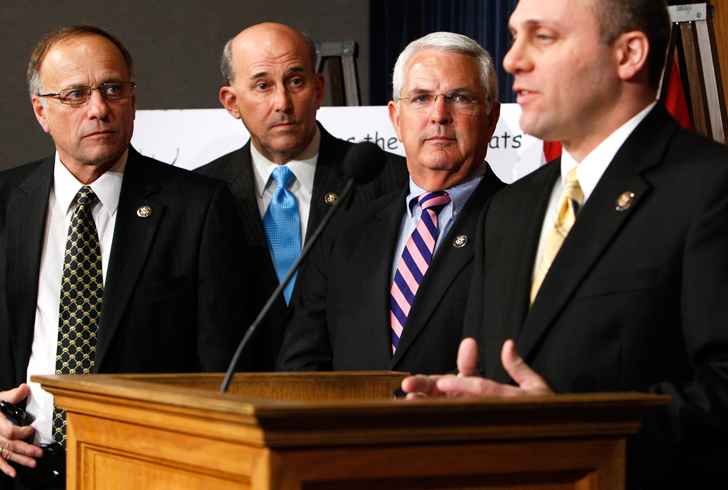 Rep. Steve King (R-IA), left, listens intently as Rep. Steve Scalise (R-LA) speaks at a press conference in 2010. The year before, King cast the lone "no" vote against recognizing that the Capitol was built by slaves. CREDIT: Alex Wong/Getty Images