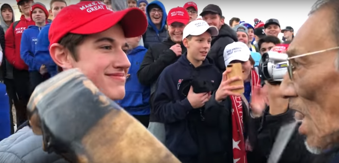 March For Life attendees mock Nathan Phillips in Washington, D.C. on January 18, 2019. (YouTube/Screengrab)