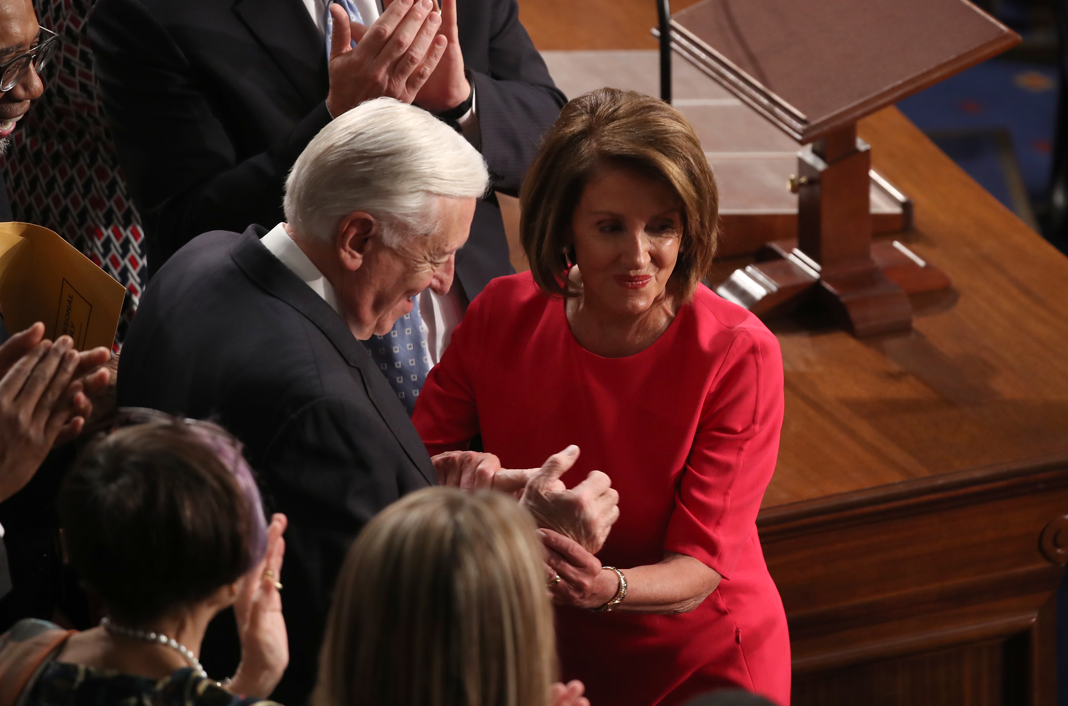 House Speaker Rep. Nancy Pelosi (D-CA) greets Majority Leader Rep. Steny Hoyer (D-MD) at the U.S. Capitol on January 3, 2019 in Washington, D.C. CREDIT: Mark Wilson/Getty Images