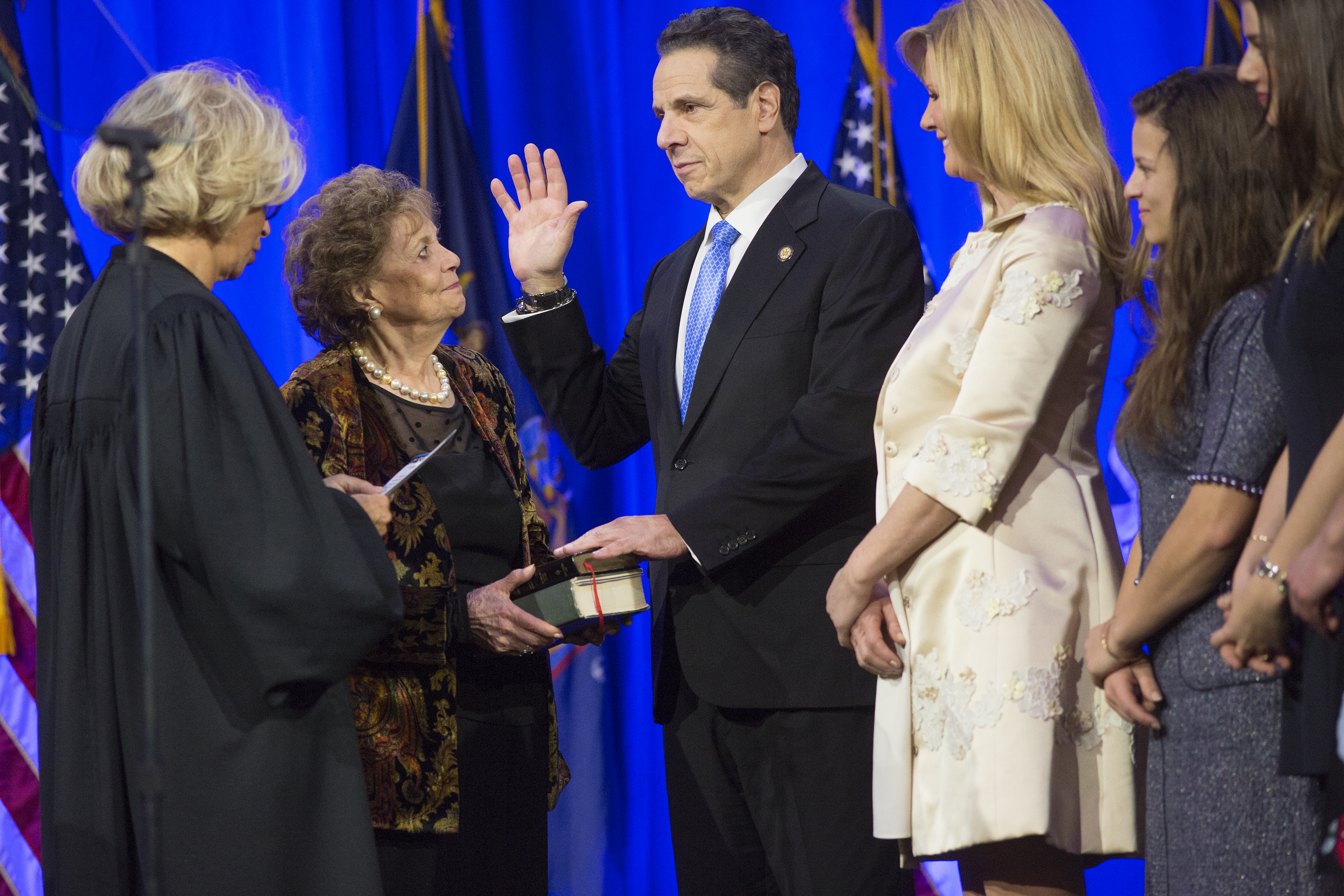 New York Gov. Andrew Cuomo takes the oath of office on January 1, 2019 on Ellis Island in New York City. CREDIT: Andrew Lichtenstein/ Corbis via Getty Images