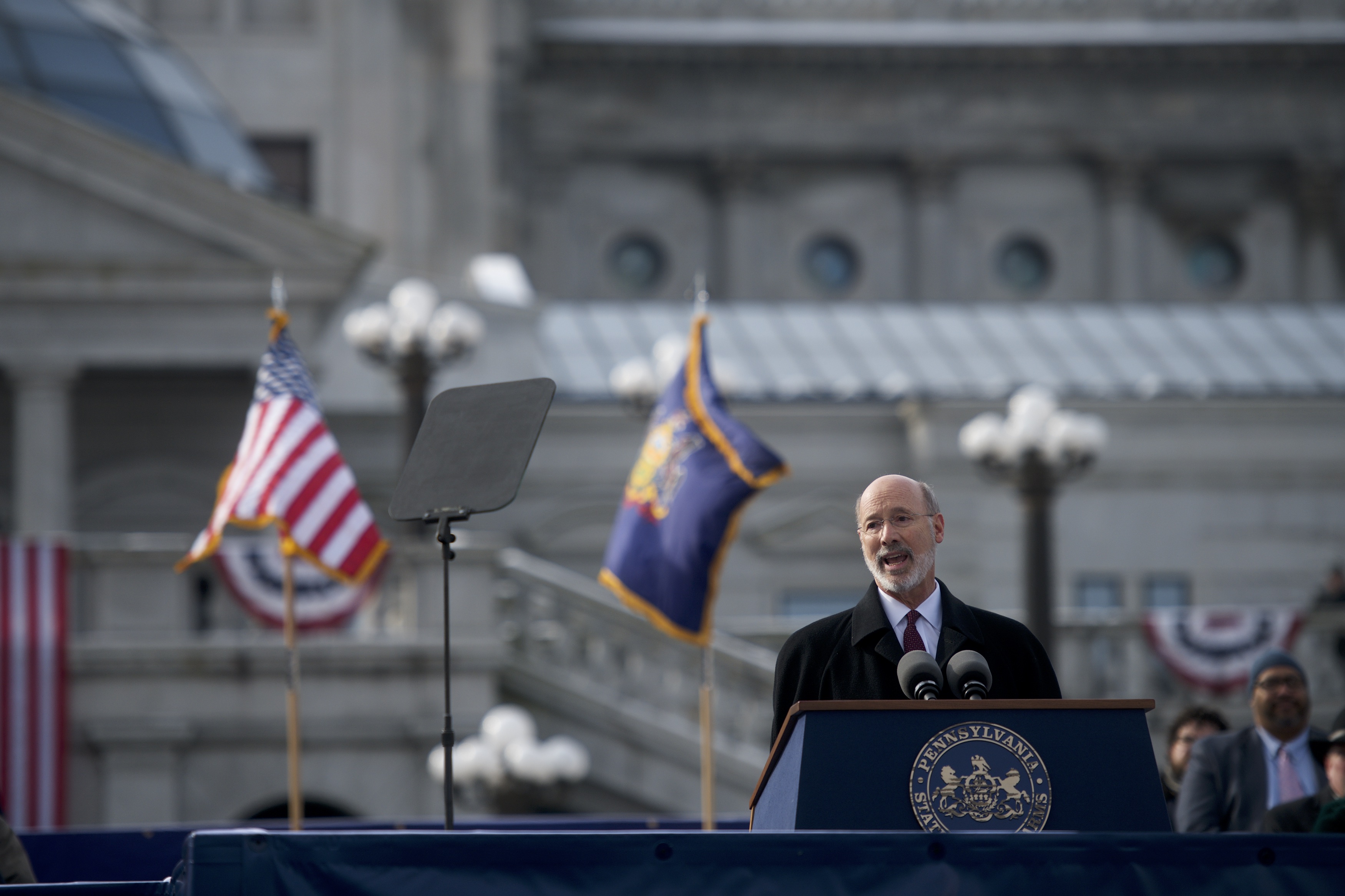 Pennsylvania Gov. Tom Wolf (D-PA) delivers an inaugural address during a swearing in ceremony on January 15, 2019 in Harrisburg, Pennsylvania. CREDIT: Mark Makela/Getty Images