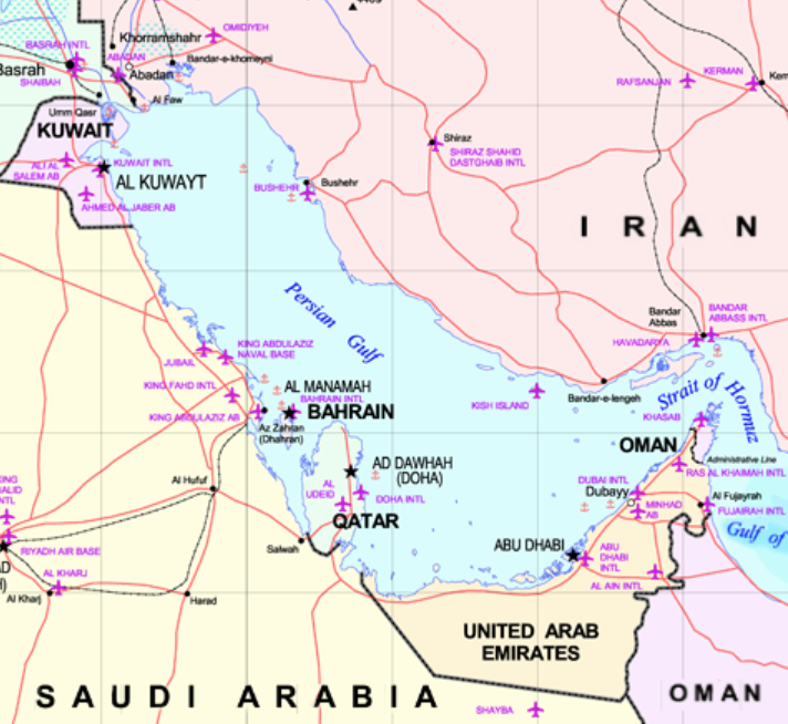 A map of Persian Gulf countries, showing Qatar's reliance on Saudi Arabia land border and sea routes connecting it to Gulf Arab states. CREDIT: Wikipedia/Public Domain.