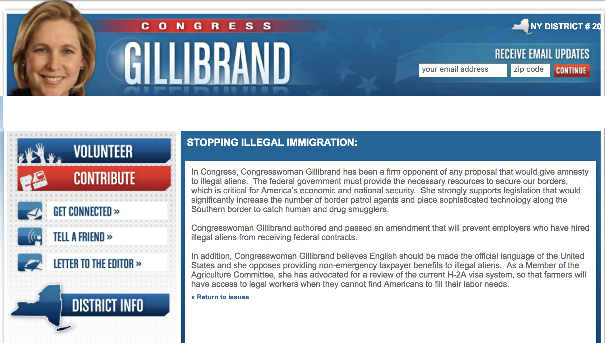 Screenshot of Gillibrand's website while in the House of representatives