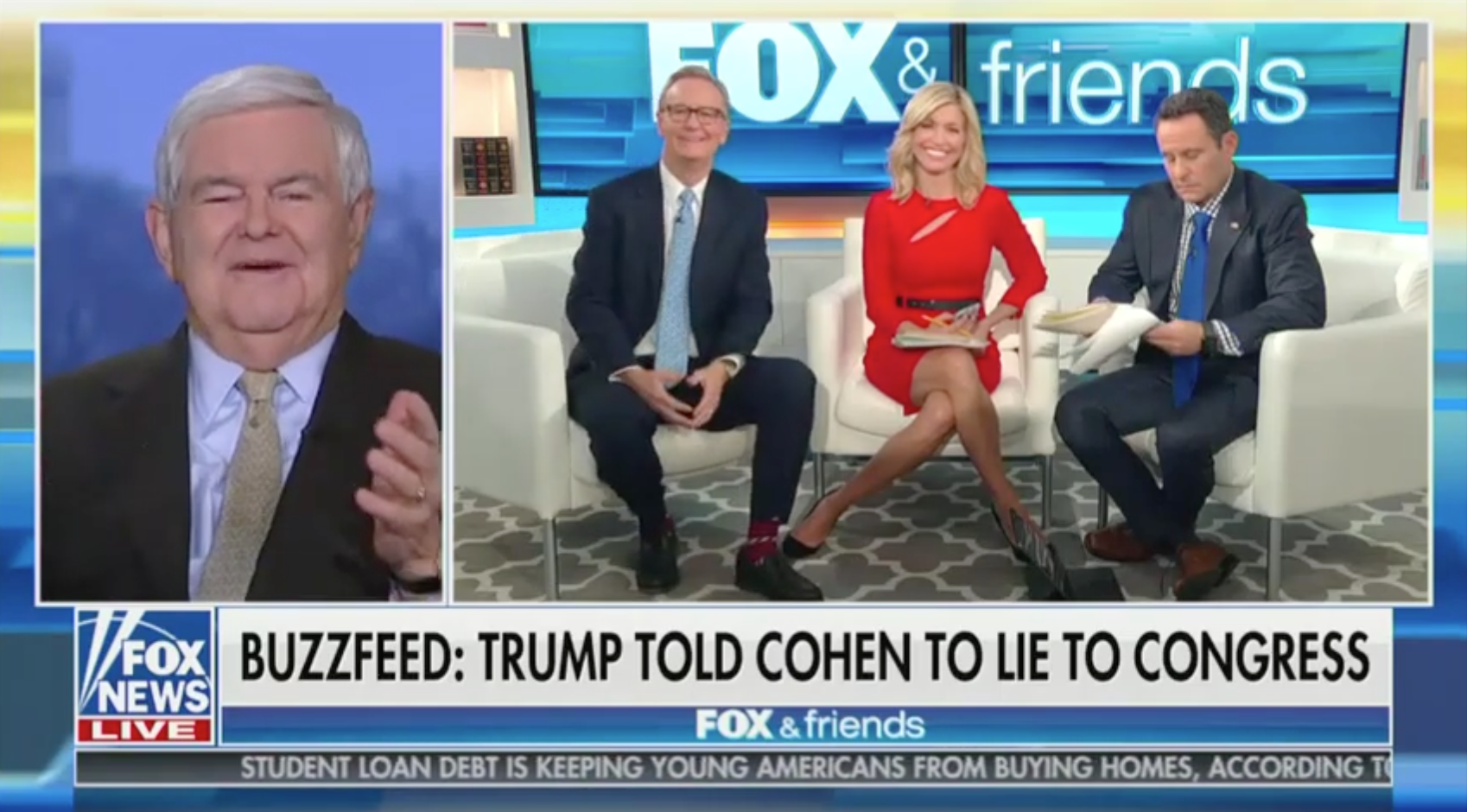Fox News hosts and guests struggled to defend President Donald Trump this week, following a BuzzFeed News report that claimed he had personally instructed former lawyer Michael Cohen to lie to Congress about a proposed Trump Tower Moscow project. (PHOTO CREDIT: Fox News, SCREENSHOT)