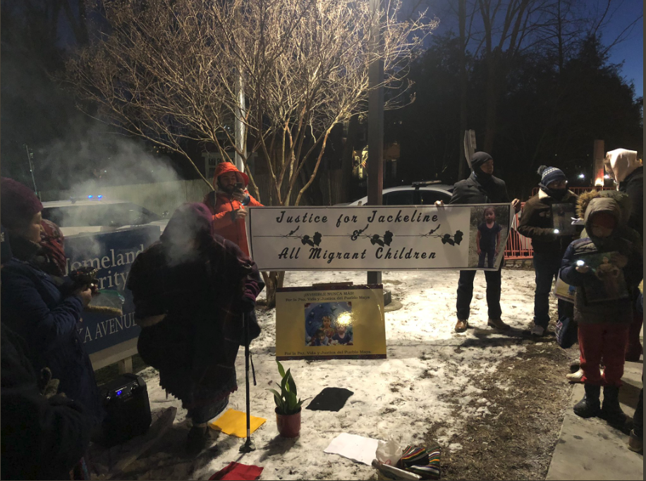 Members of the International Mayan League attend a vigil outside the Department of Homeland Security on January 31, to bring attention to the Indigenous migrant children and young people who have died in CBP custody or at the hands of Border Patrol agents in recent months. (PHOTO Credit: Rebekah Entralgo)