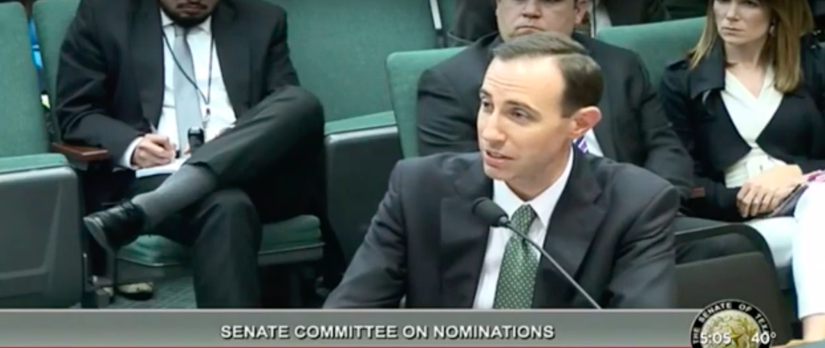 David Whitley during his confirmation hearing before the Texas Senate on February 7, 2019 (Screengrab/CBSDFW)