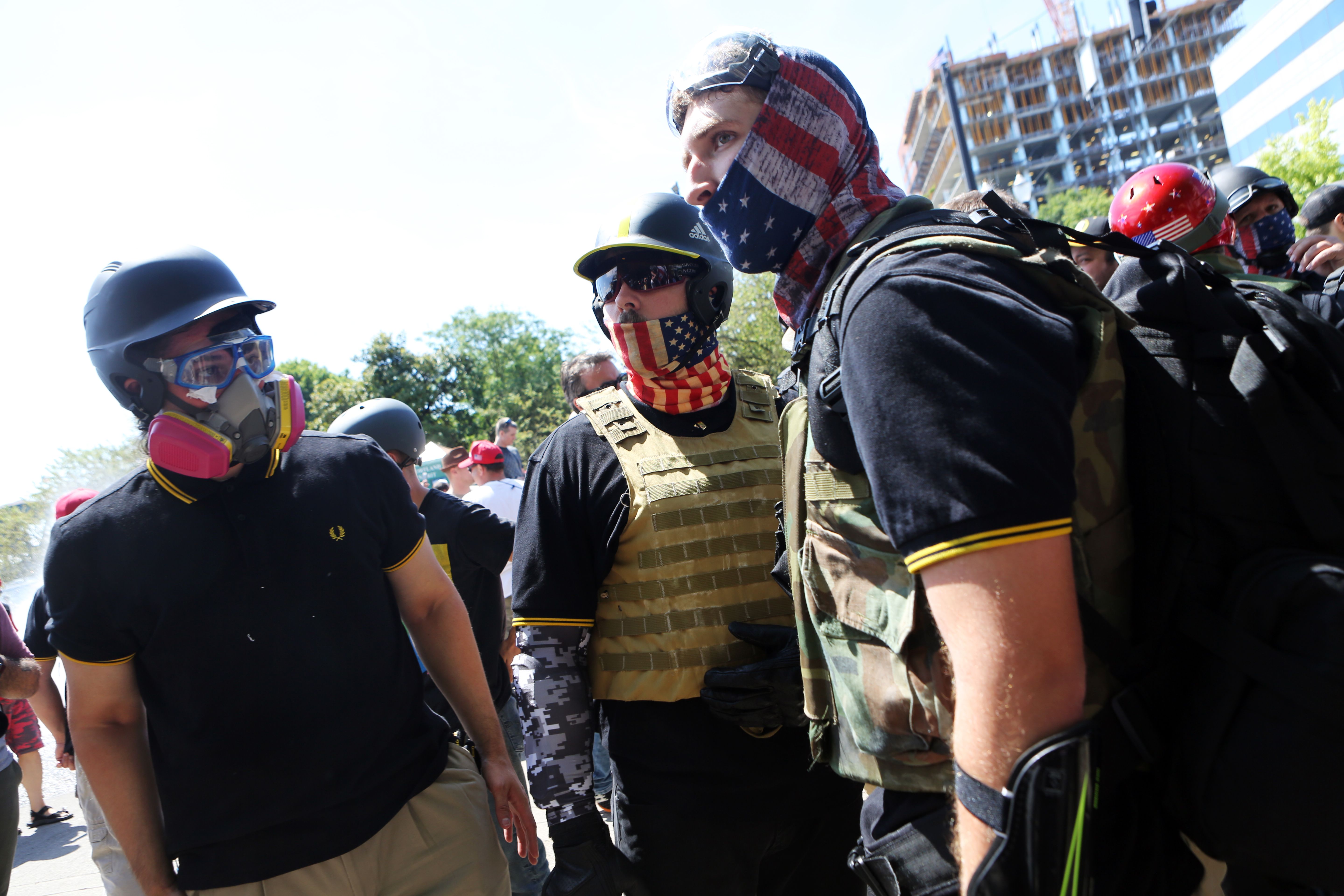 FILE PICTURE: Opposing Alt-right activists and anti-fascist protestors, gather for a campaign rally organized by right-wing organizer, Patriot Prayer founder and Republican Senate candidate Joey Gibson in Portland, Oregon, August 4, 2018. (Photo credit should read THOMAS PATTERSON/AFP/Getty Images)