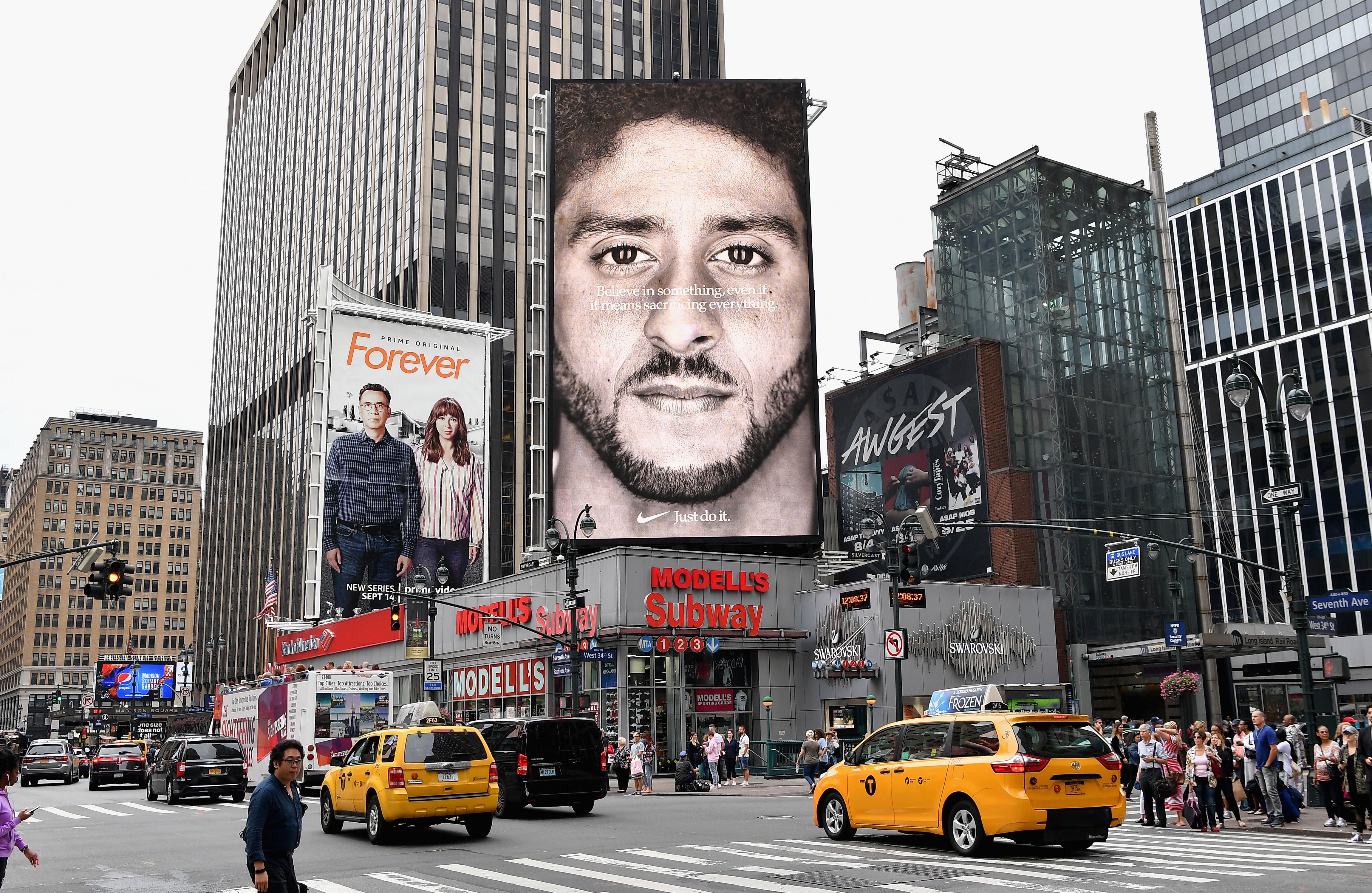 A Nike Ad featuring American football quarterback Colin Kaepernick is on diplay September 8, 2018 in New York City. Credit: Angela Weiss / AFP / Getty Images