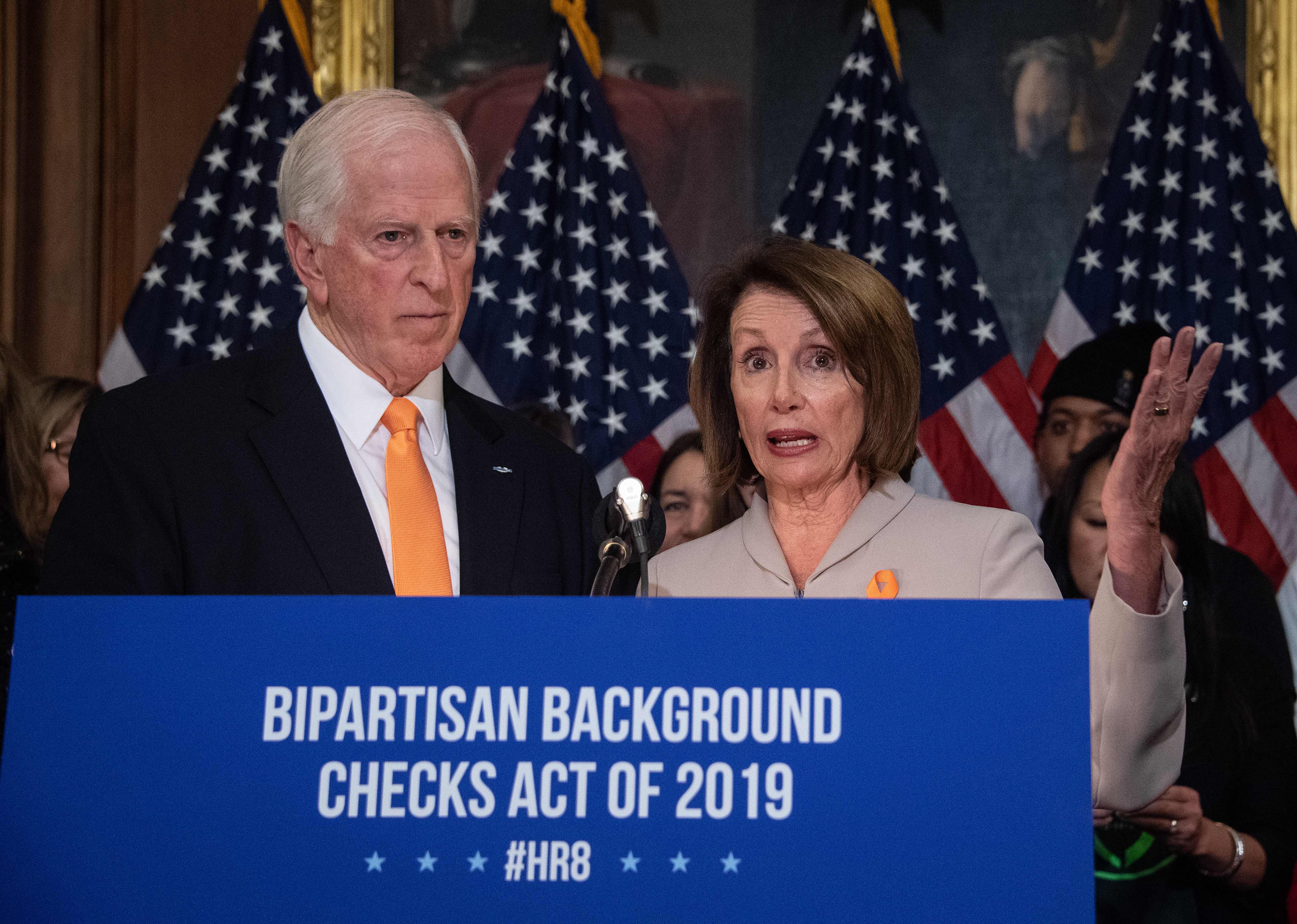 US House Speaker Nancy Pelosi (R) holds a press conference with Democratic Representative from California Mike Thompson (R) to introduce legislation on expanding background checks for gun sales at the Capitol in Washington, DC, on January 8, 2019. (Credit: NICHOLAS KAMM / AFP/Getty Images)