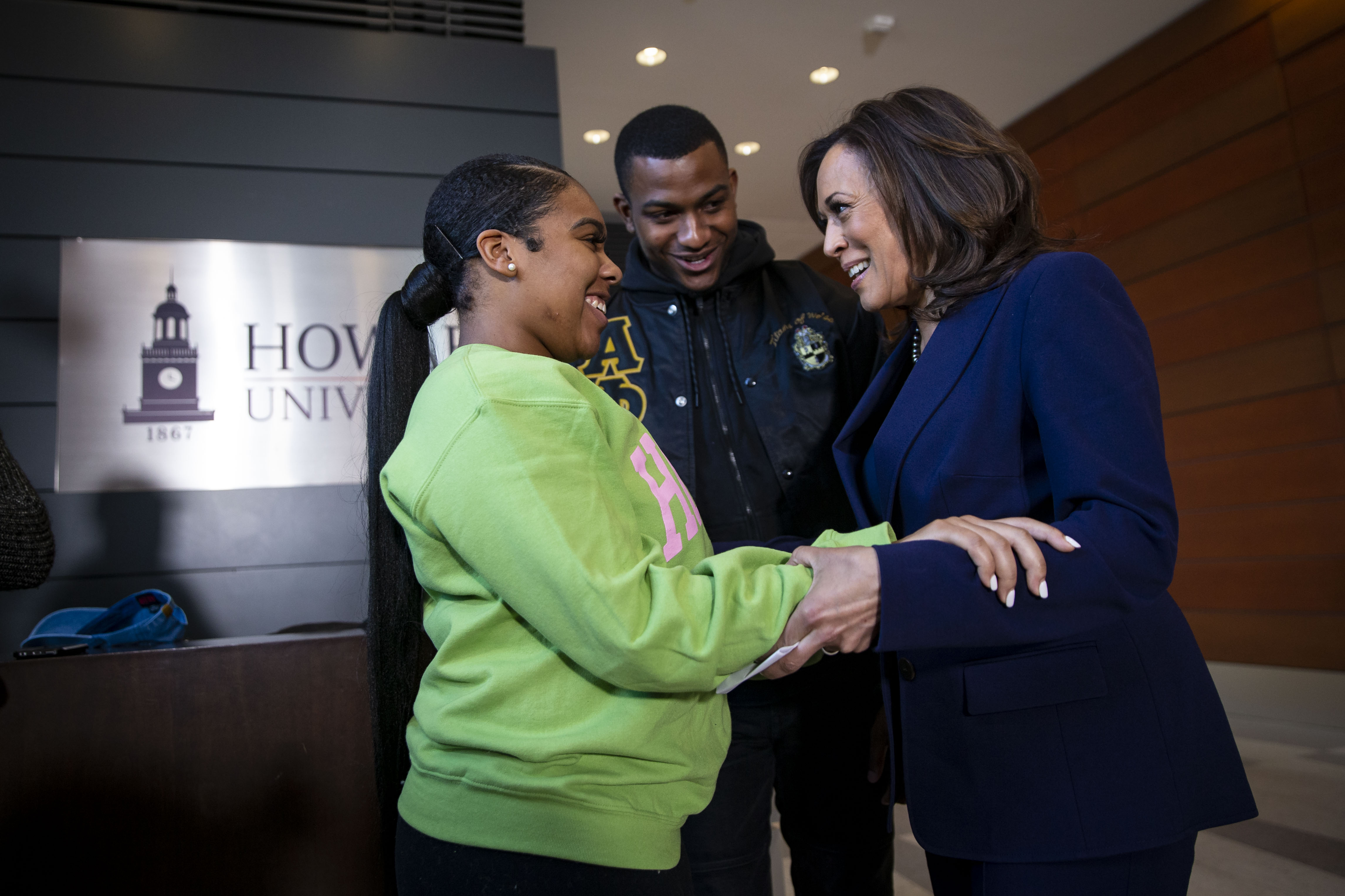 WASHINGTON, DC - JANUARY 21: Sen. Kamala Harris (D-CA) speaks to Amos Jackson III, Executive President of the Howard University Student Association, and Mara Peoples, Executive Vice President, after announcing her candidacy for President of the United States, at Howard University, her alma mater, on January 21, 2019. (Photo by Al Drago/Getty Images)