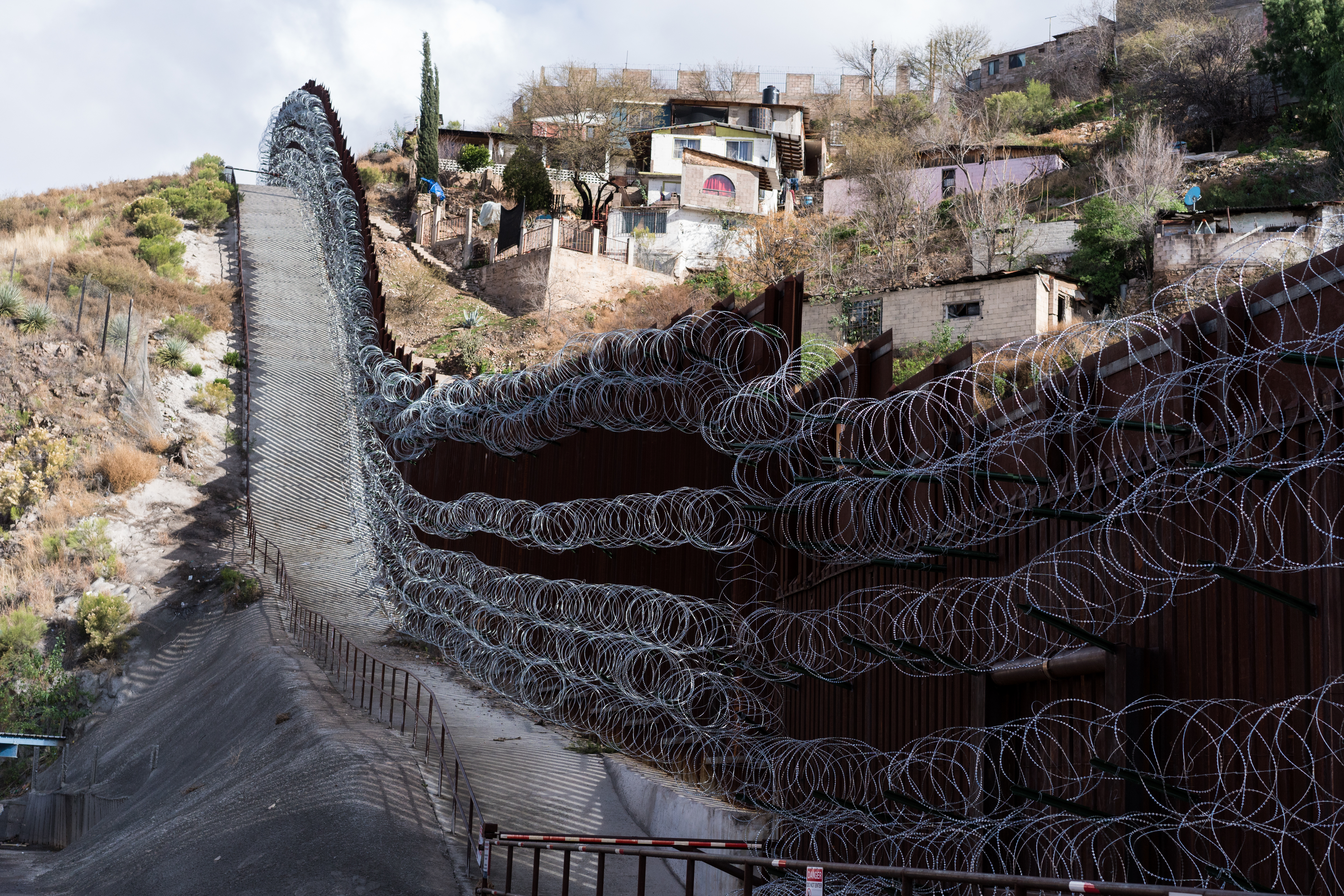 Concertina wire, recently added by U.S. Army troops. CREDIT: Max Herman/NurPhoto via Getty Images