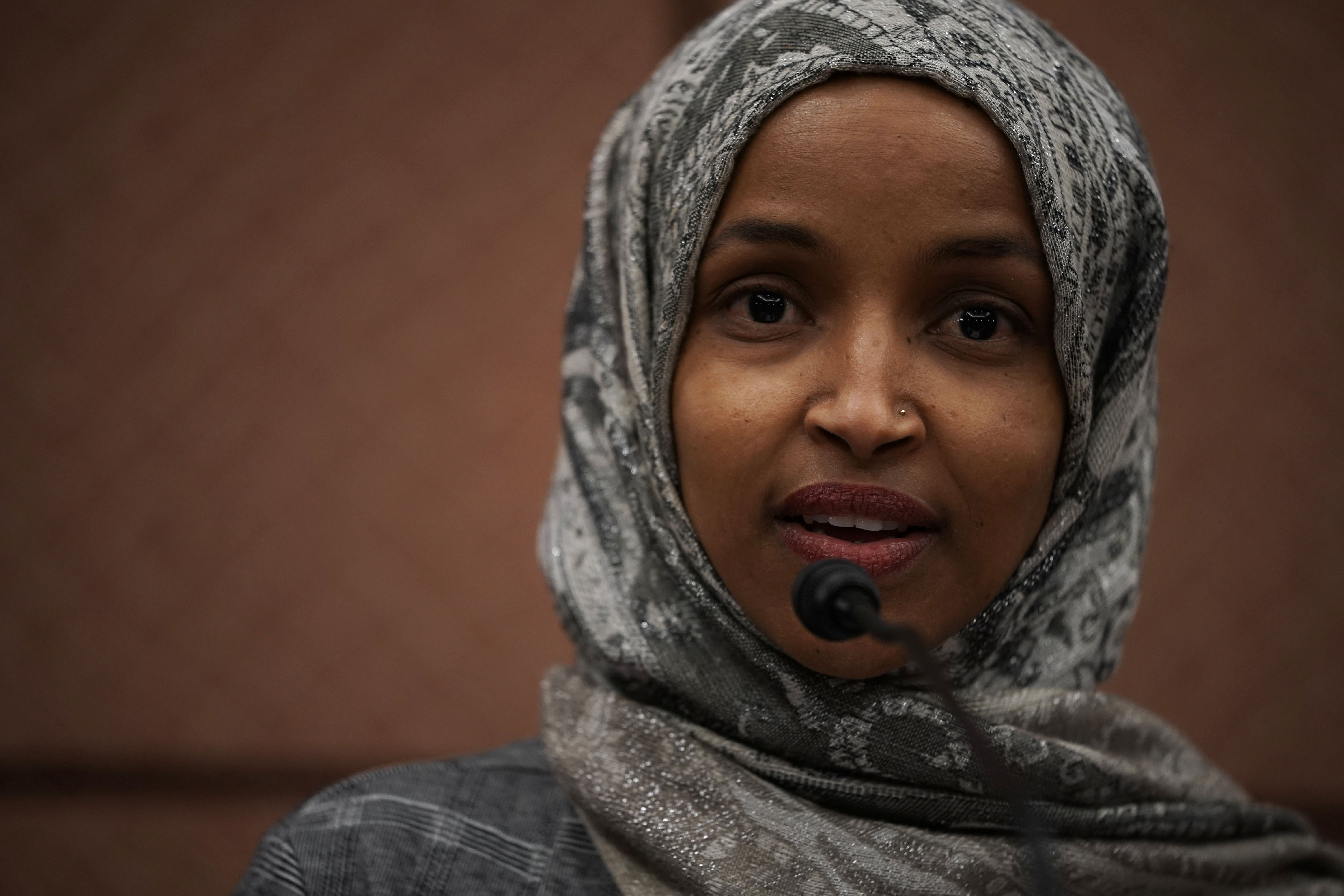 U.S. Rep. Ilhan Omar (D-MN) speaks during a news conference January 24, 2019 on Capitol Hill in Washington, DC. The Democratic Congresswomen held a news conference on legislation providing childcare for workers affected by the ongoing government shutdown. (Credit: Alex Wong/Getty Images)