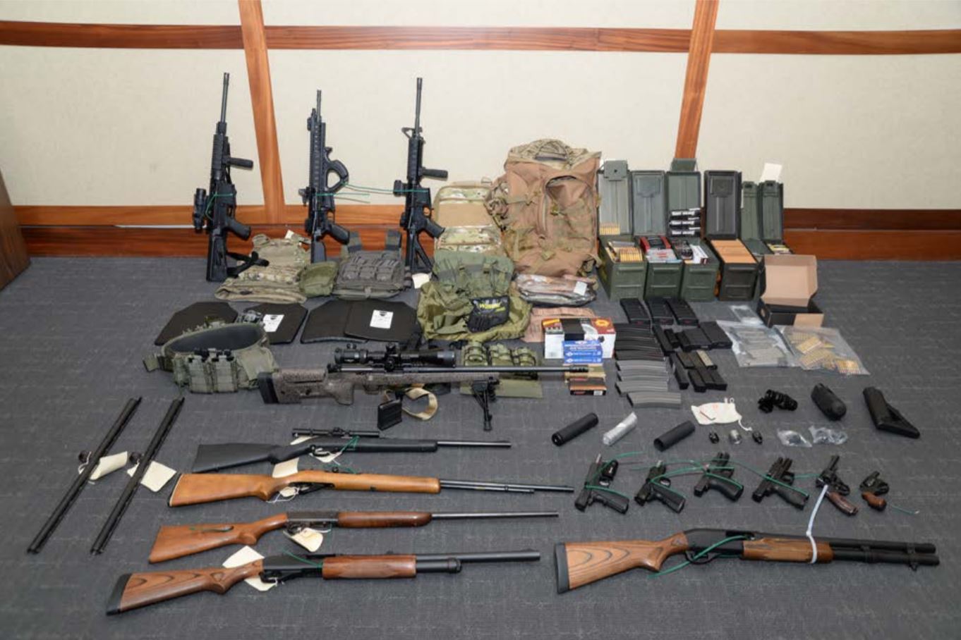 SILVER SPRING, MD - FEBRUARY 21: In this undated handout photo provided by U.S. Attorney’s Office for the District of Maryland, the collection of weapons and ammunition federal agents say they found in Christopher Paul Hasson's Silver Spring apartment are shown in Maryland. A member of the U.S. Coast Guard, 49-year-old Hasson, was arrested on weapons and drugs violations and is accused of plotting a major terror attack against Americans. (Photo by U.S. Attorney’s Office for the District of Maryland via Getty Images)