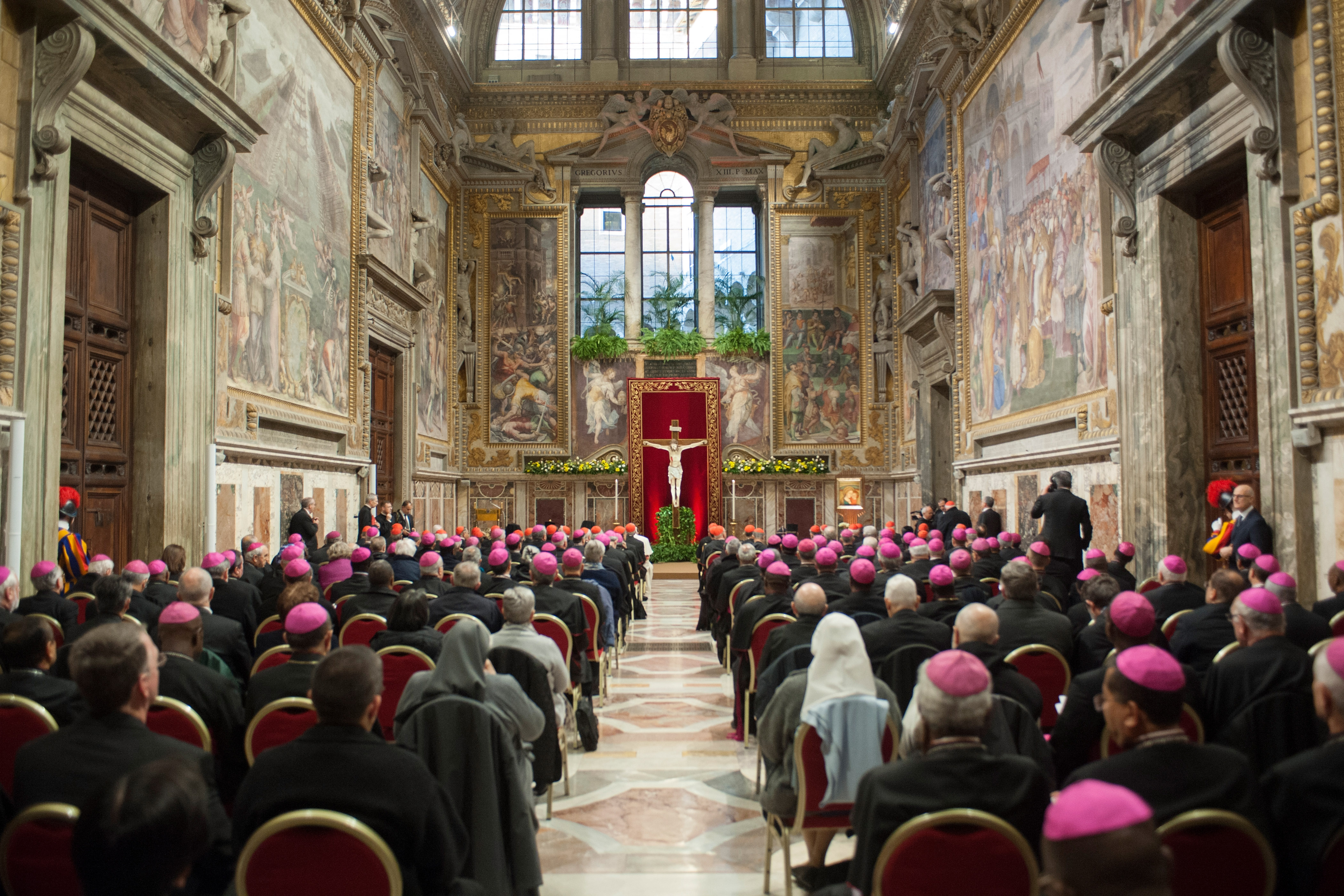 Pope Francis, bishops and cardinals attend a Penitential Liturgy at the Regia Hall at the end of 'The Protection Of Minors In The Church' meeting on February 23, 2019 in Vatican City, Vatican. (Photo by Vatican Pool/Getty Images)