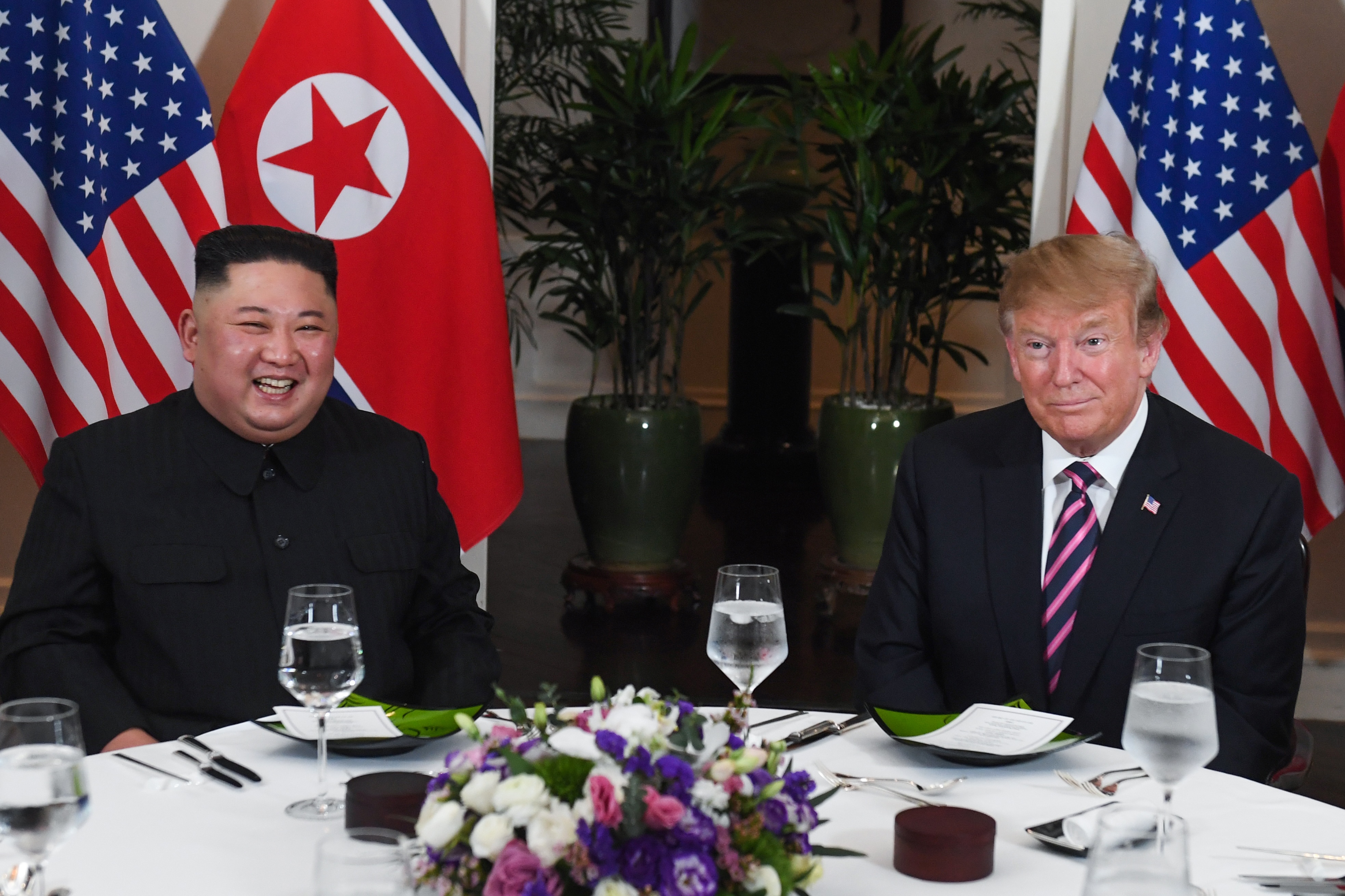 President Donald Trump and North Korea's leader Kim Jong-un sit for a dinner at the Sofitel Legend Metropole hotel in Hanoi on February 27, 2019. CREDIT:Saul Loeb/AFP/Getty Images.
