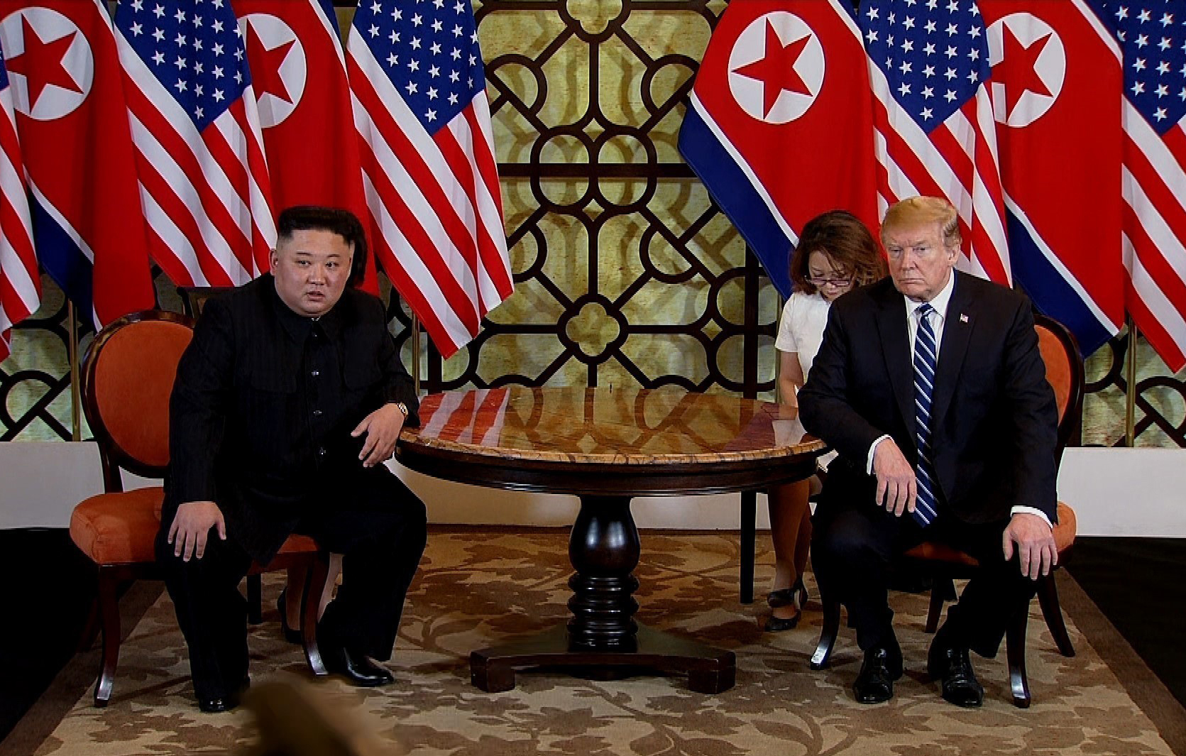 President Donald Trump and North Korean leader Kim Jong-un during their second summit meeting at the Sofitel Legend Metropole hotel on February 28, 2019 in Hanoi, Vietnam. CREDIT: Vietnam News Agency/Handout/Getty Images.